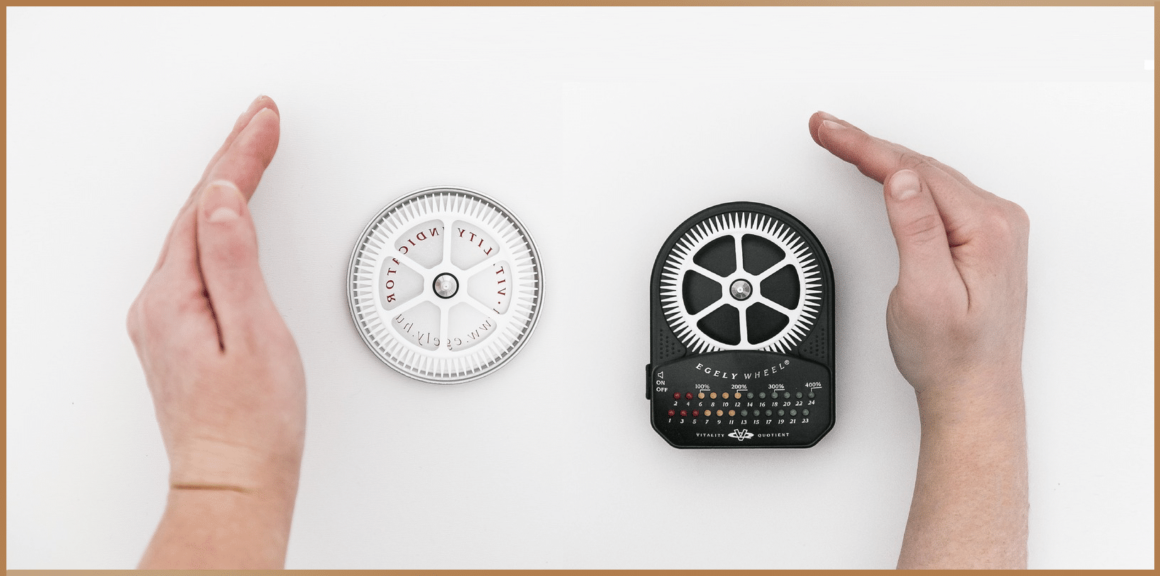 Two hands positioned next to a white Egely Wheel and a black Egely Wheel, devices for measuring life energy and psi abilities.