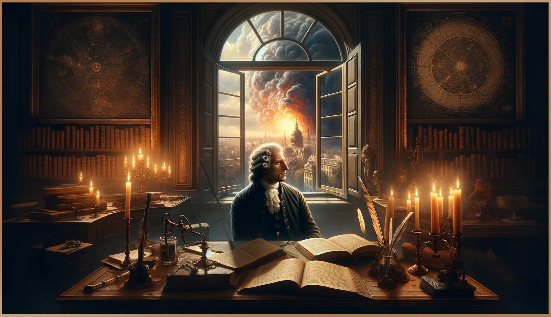 Artistic depiction of Emanuel Swedenborg in his study, with a vision of a distant fire in the background, representing his famed intuitive perception of an event hundreds of kilometers away.