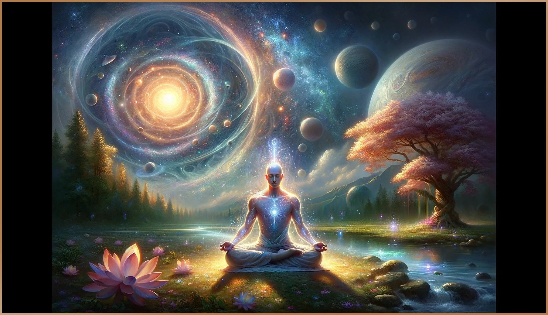 A contemplative figure meditating in nature, surrounded by cosmic energy, representing Ten Million Day's power to transform desires into inner peace.