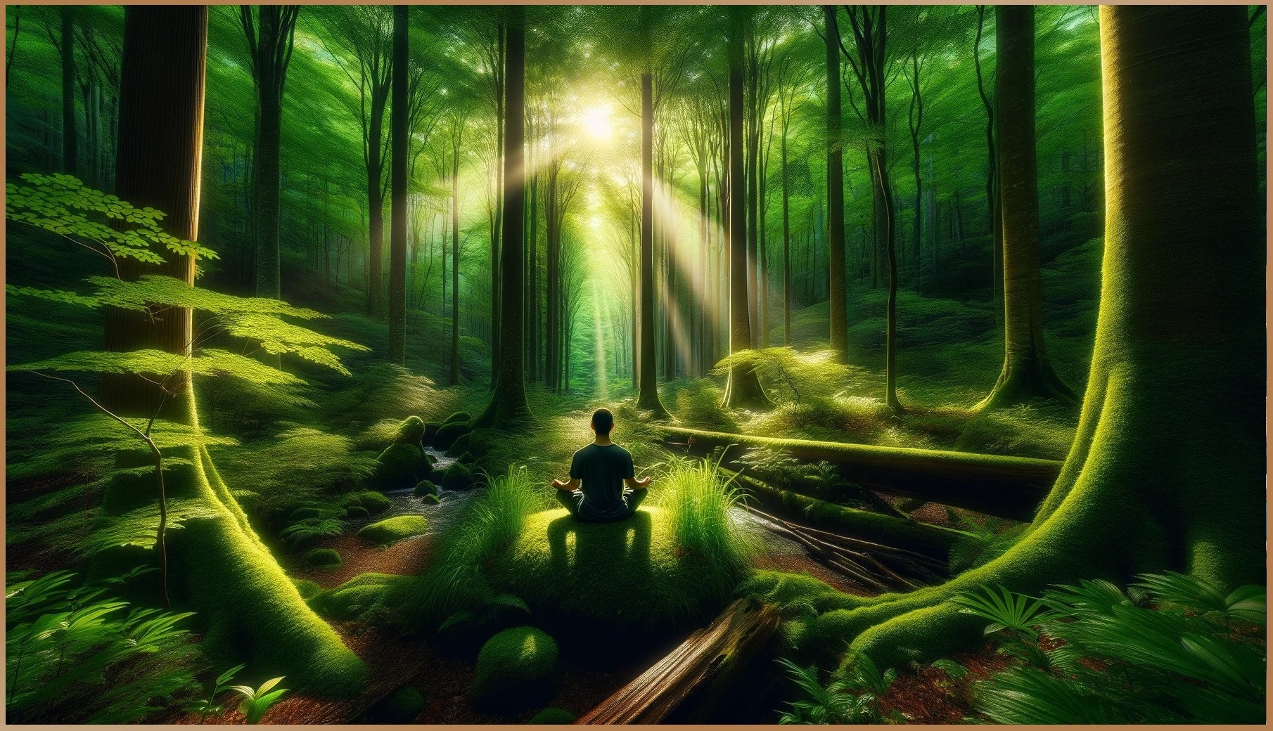 Person meditating in a lush forest, practicing shinrin-yoku for energy protection and mindfulness, fully immersed in the vibrant and healing atmosphere of nature.