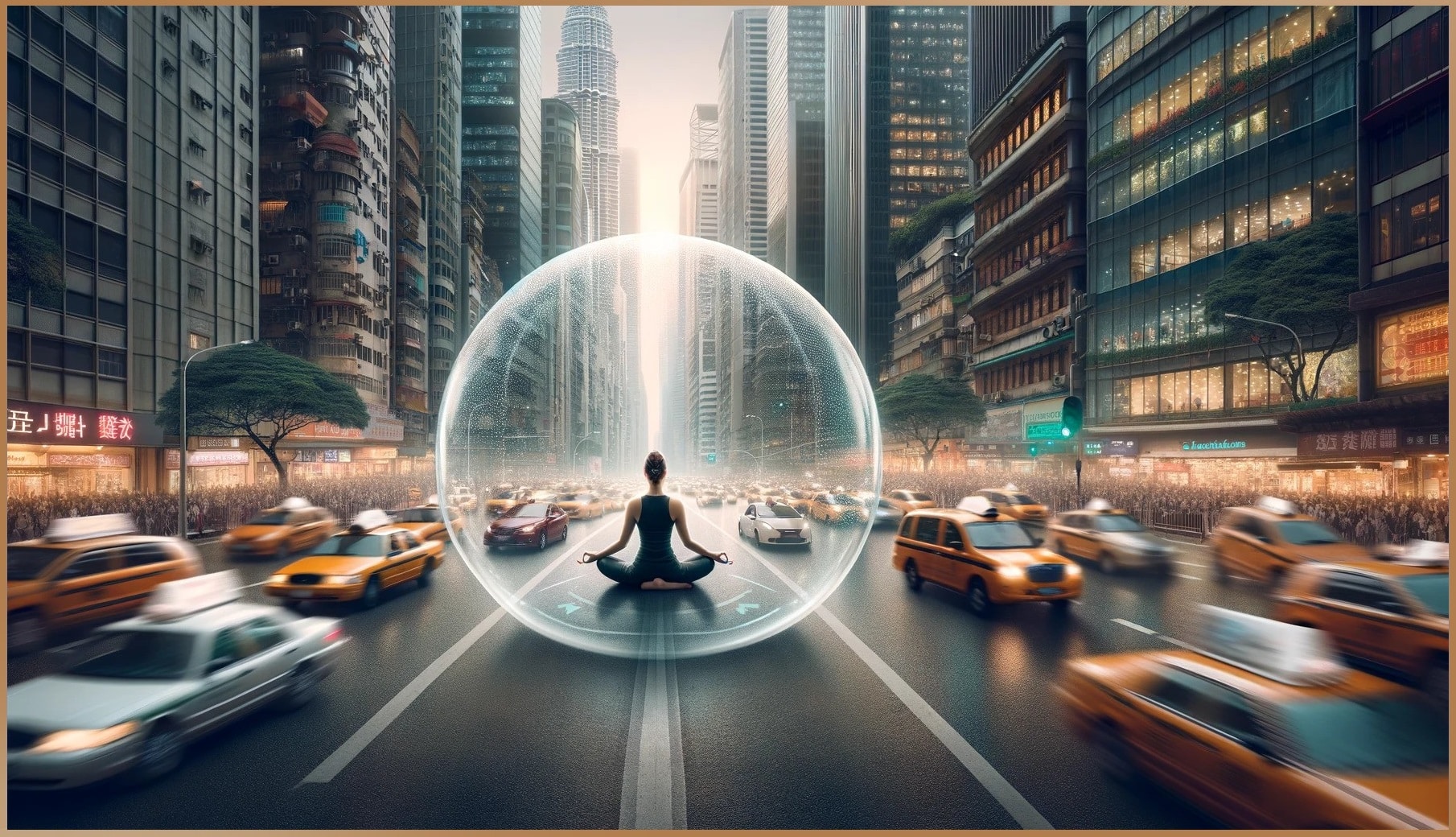 A meditative figure sits in a transparent bubble of calm, using visualization as an energetic shield against the hustle and stress of the surrounding urban environment.