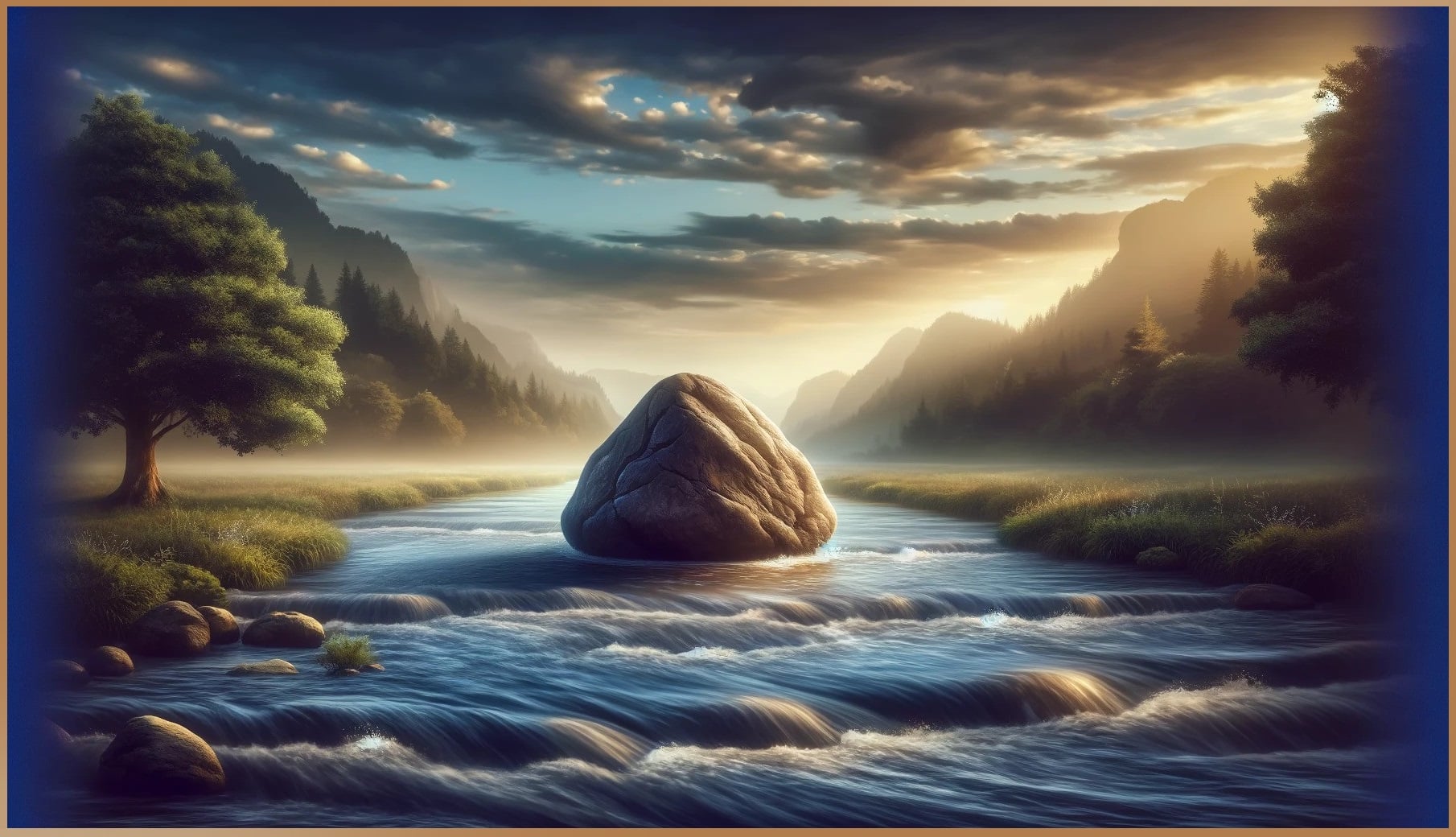 A large rock stands resolute in the center of a flowing river, symbolizing the strength of mindfulness in protecting one's energy against the relentless currents of life's challenges.
