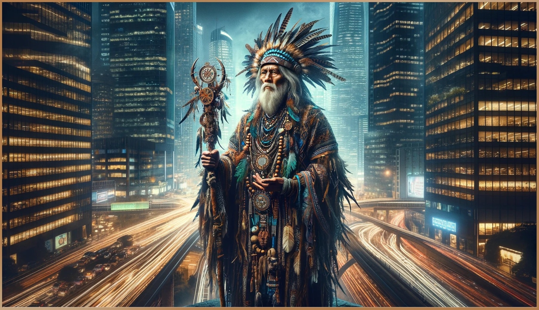 A shaman wizard with intricate attire and emblematic staff stands amidst the fast-paced life of a modern city, symbolizing the enduring presence and relevance of psychic powers and ancient spirituality in today's society.