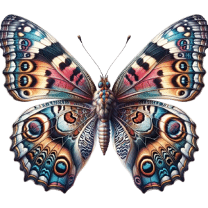 Beautifully detailed butterfly with colorful wings spread, depicted in a realistic style against a completely white background.