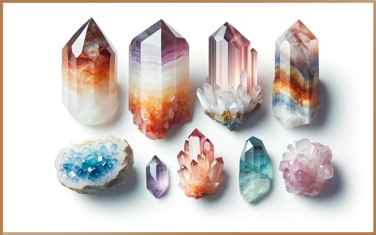 A variety of carefully selected healing crystals in vivid colors and diverse forms, suggesting their use in enhancing vitality and monitoring energy with the Egely Wheel in crystal healing practices