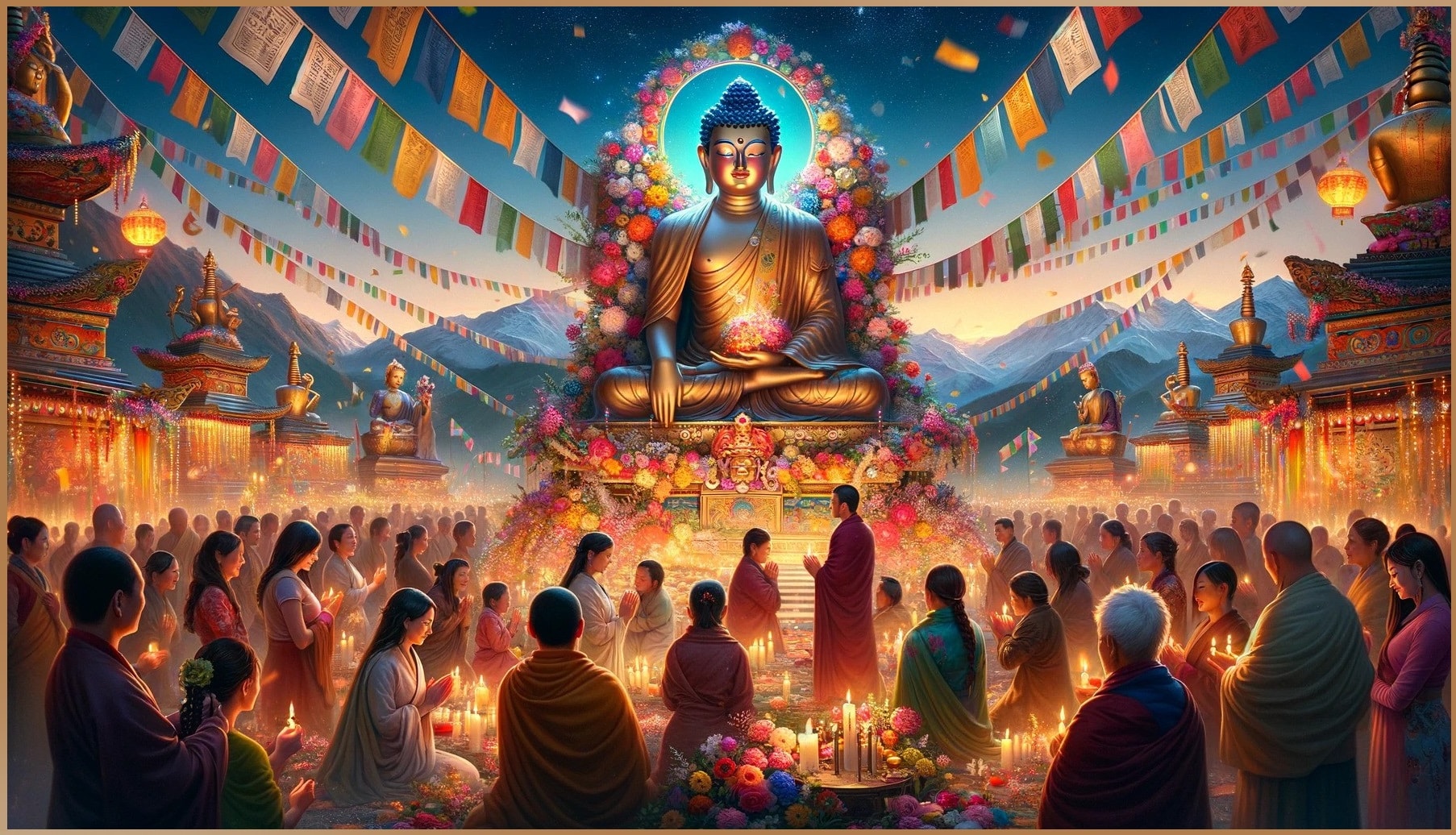 Diverse group of people celebrating Ten Million Day around a decorated Buddha statue with prayer flags and candles