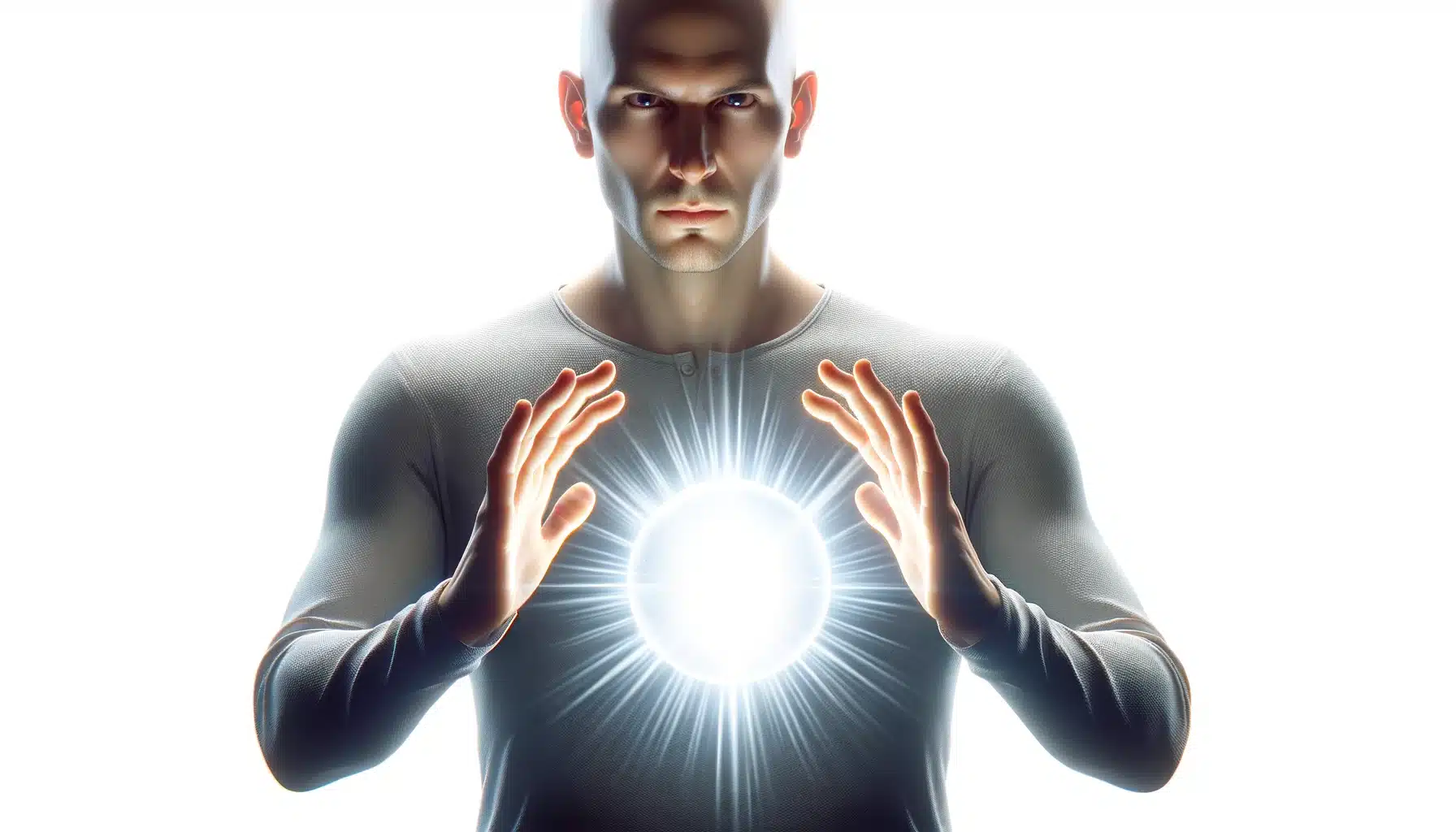 A focused man with a bald head creating a psi ball of energy between his hands, standing against a pure white background.