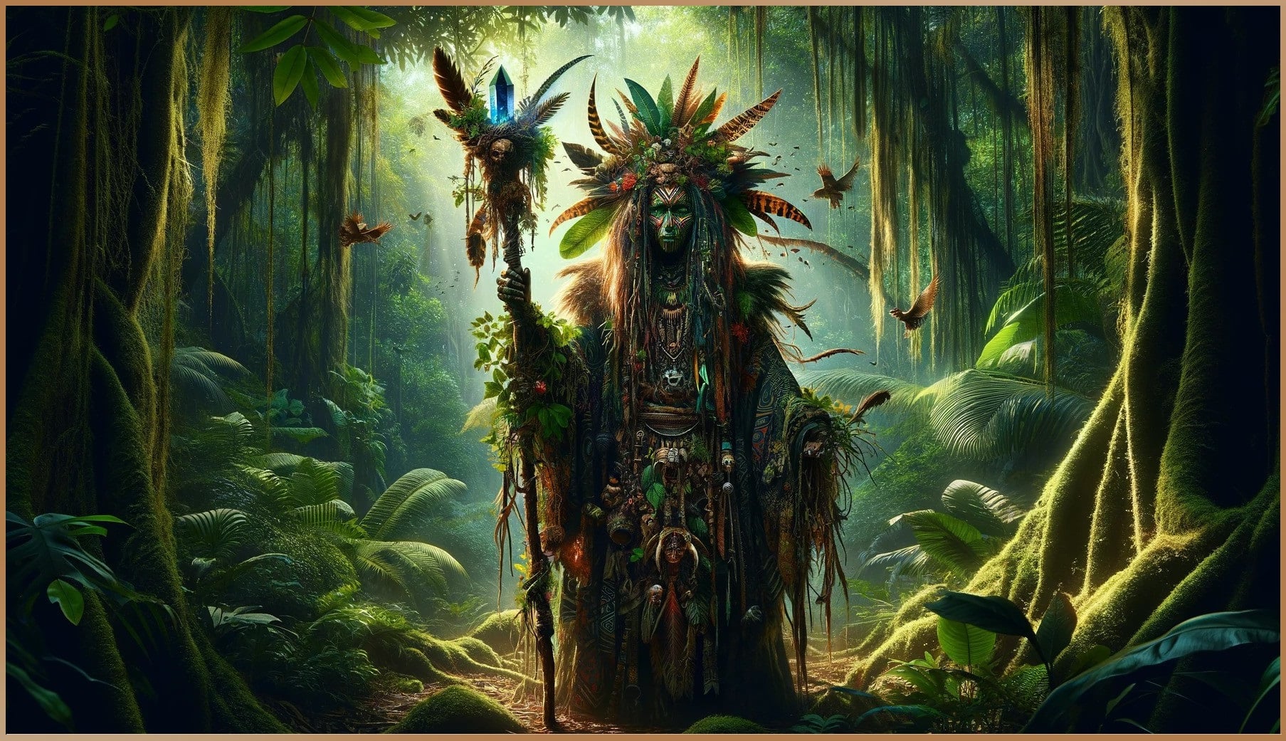 A tribal wizard adorned with intricate attire and carrying symbols of power stands amidst a rainforest, embodying ancient wisdom and a connection to the supernatural, suggestive of human potential for ESP and mental prowess.