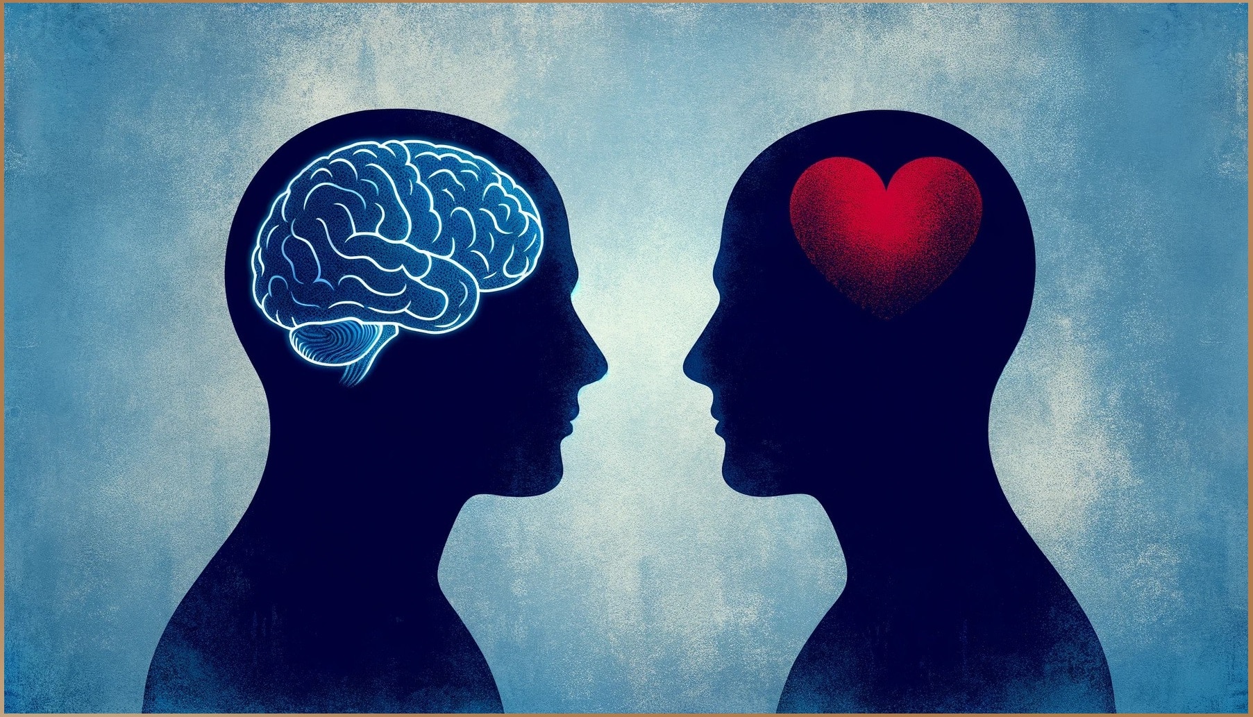 Two silhouettes with contrasting symbols of a brain and a heart in their heads facing each other against a textured blue background.