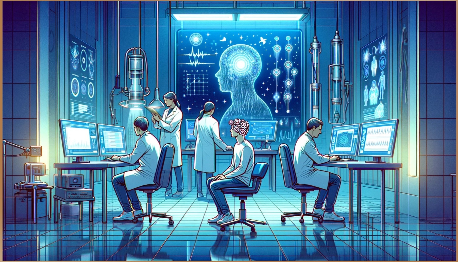 A futuristic laboratory with scientists analyzing a subject's brain activity, depicted with holographic brain imagery and advanced monitoring equipment.