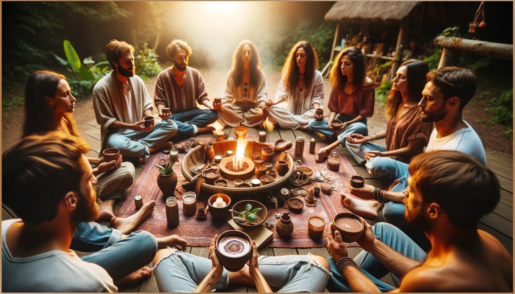 A group of people engaged in a cocoa ceremony, sitting in a circle outdoors, embodying meditation and spiritual connection with plant energies.