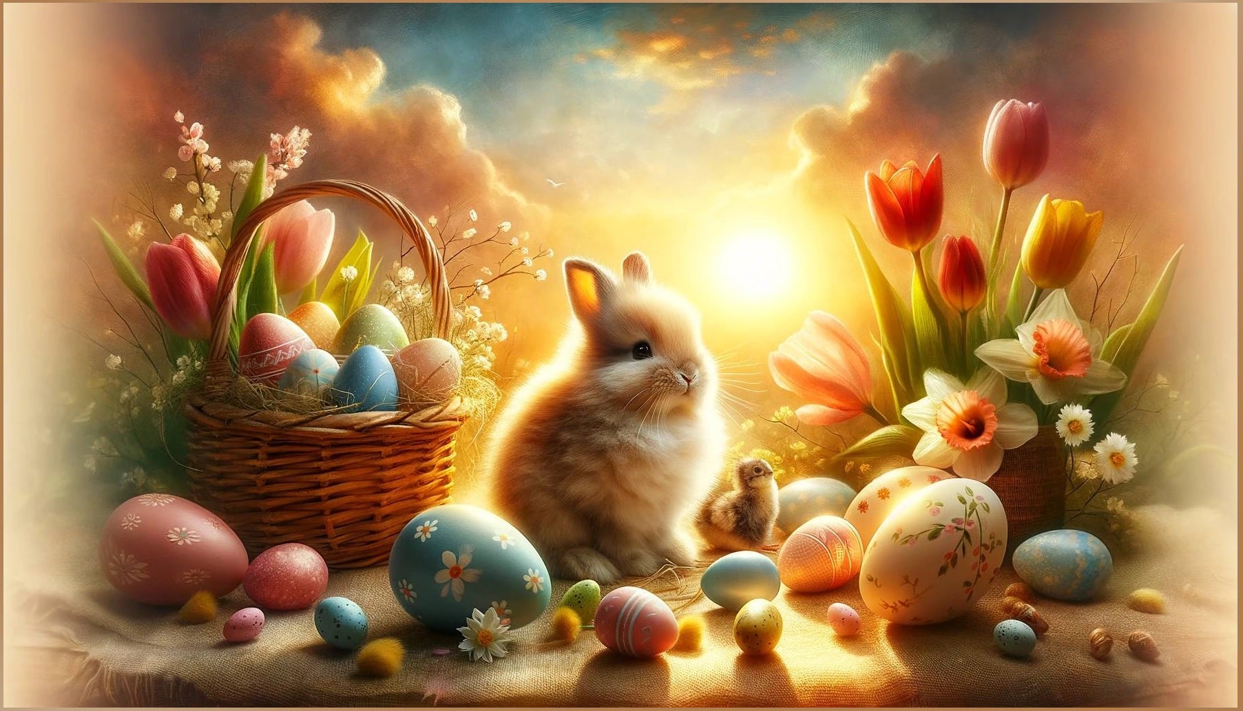 Easter scene with painted eggs, spring flowers, and a bunny representing the spring equinox's spiritual renewal and the festive revival of nature.