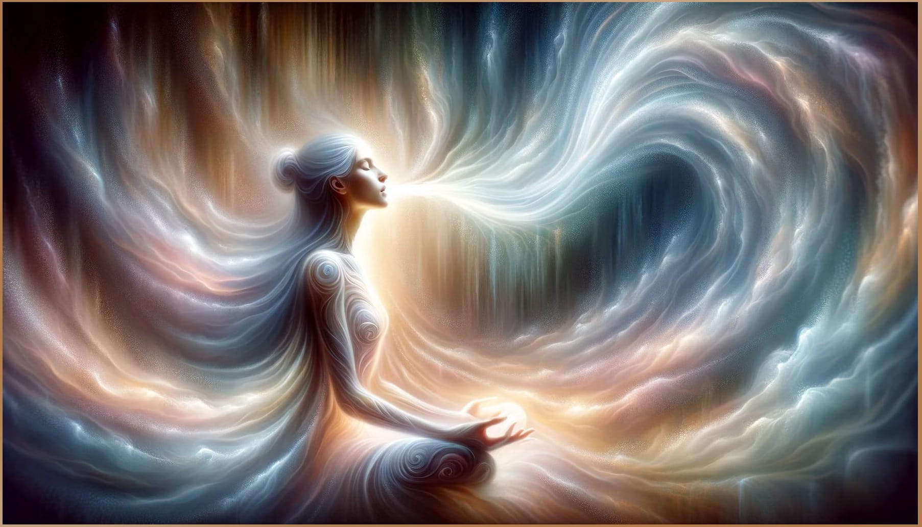 An artistic representation of a woman immersed in the slow living lifestyle, with prana energy flowing from her in a peaceful swirl of colors, symbolizing a mindful connection with the vital life forces.