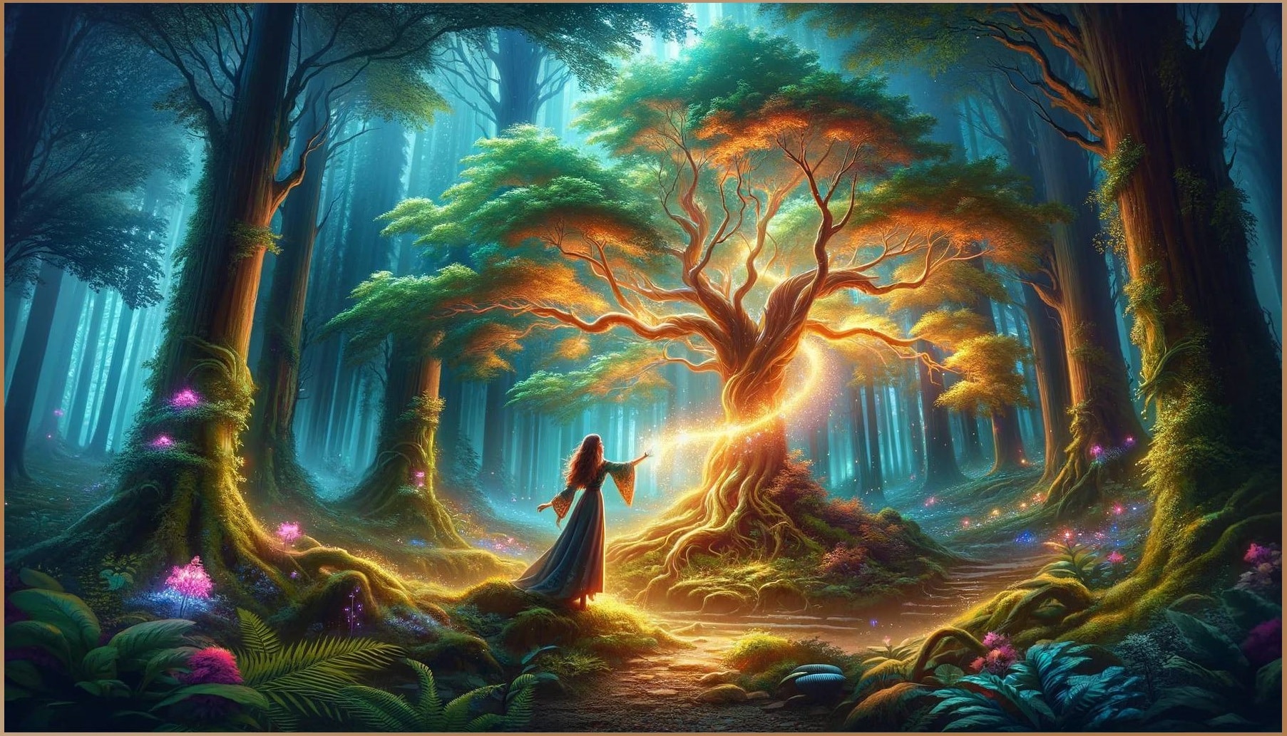 A woman in a mystical forest reaching out to a radiant tree, symbolizing a deep spiritual connection with nature's protective and enlightening plant spirit.