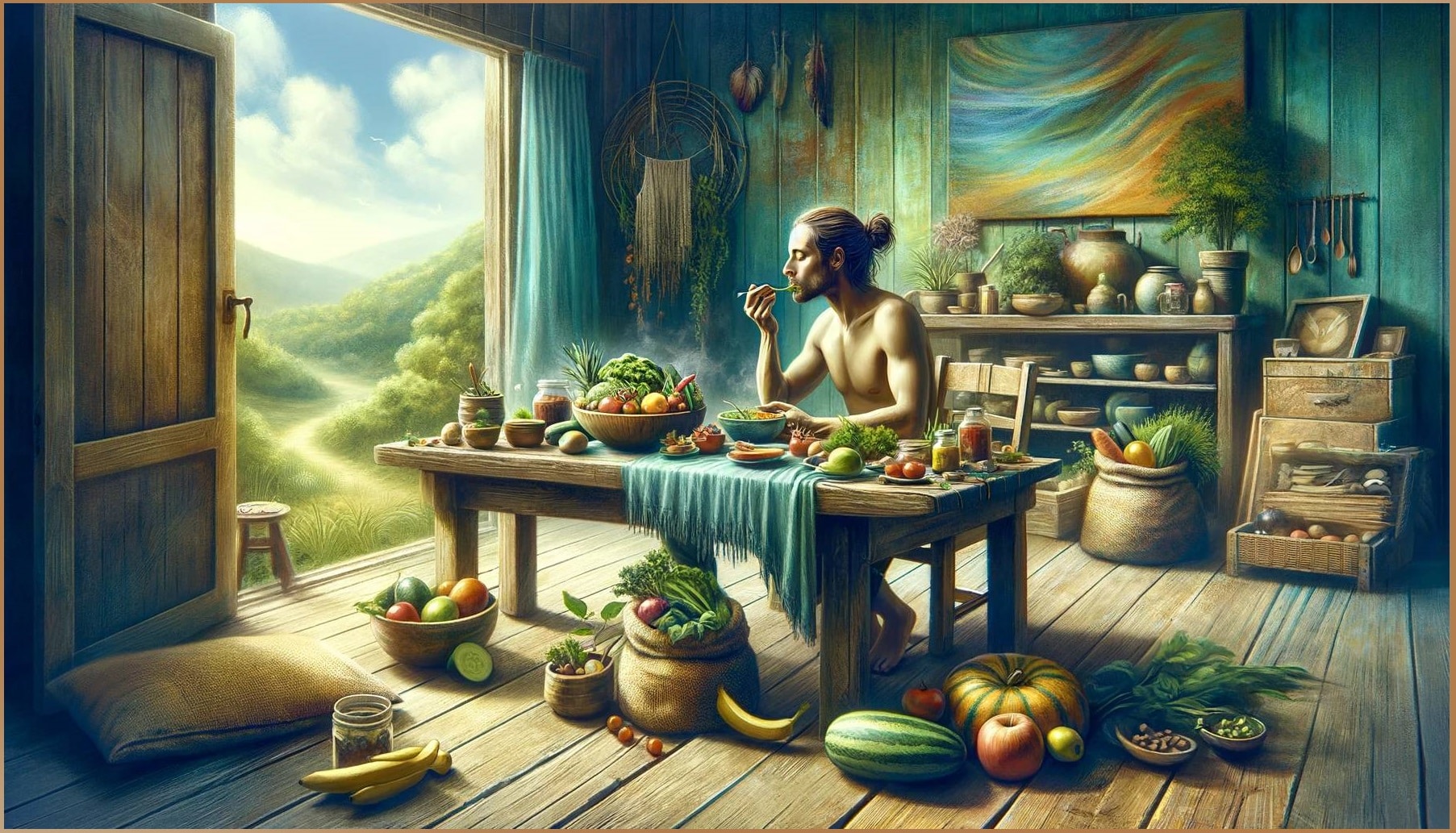 A serene scene of a person practicing slow living, enjoying a mindful meal in a rustic kitchen setting with fresh produce, embodying a healthy, slow lifestyle.