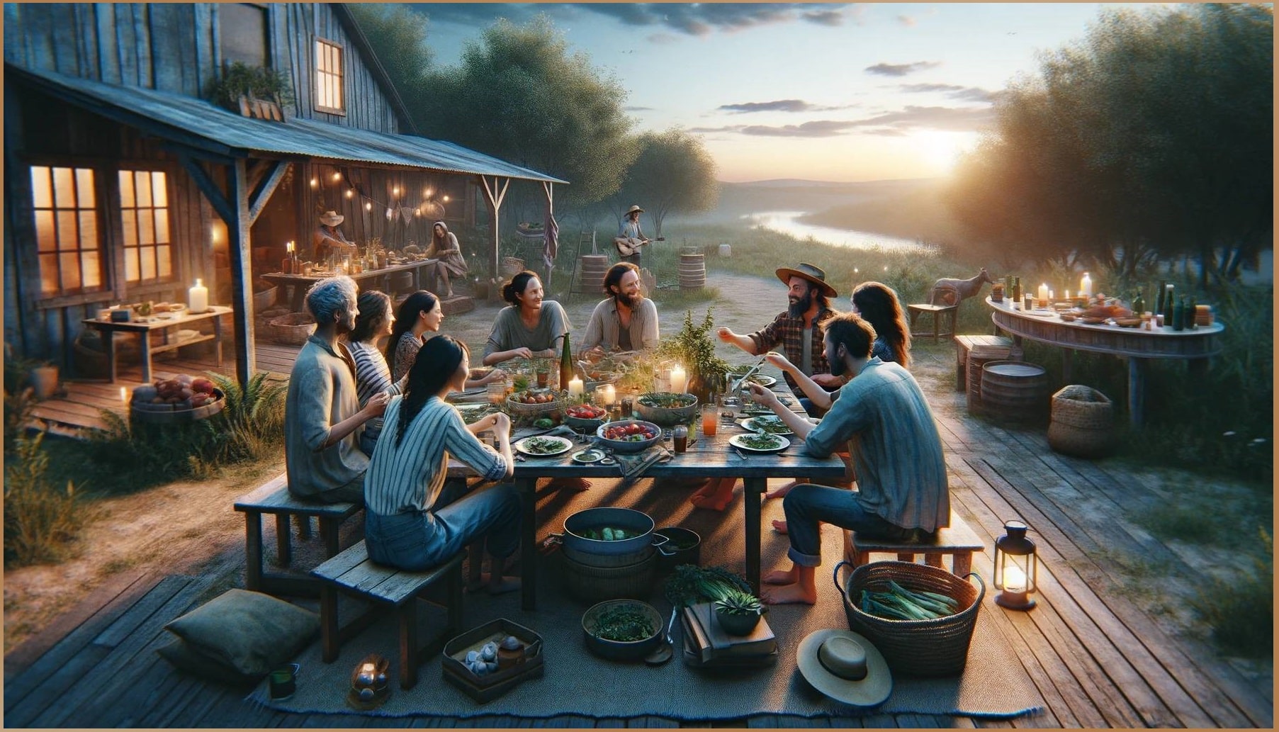 A rustic communal dinner at dusk, where a group of friends and family engage in meaningful conversations, embodying the slow life principles of deep connections and shared experiences.
