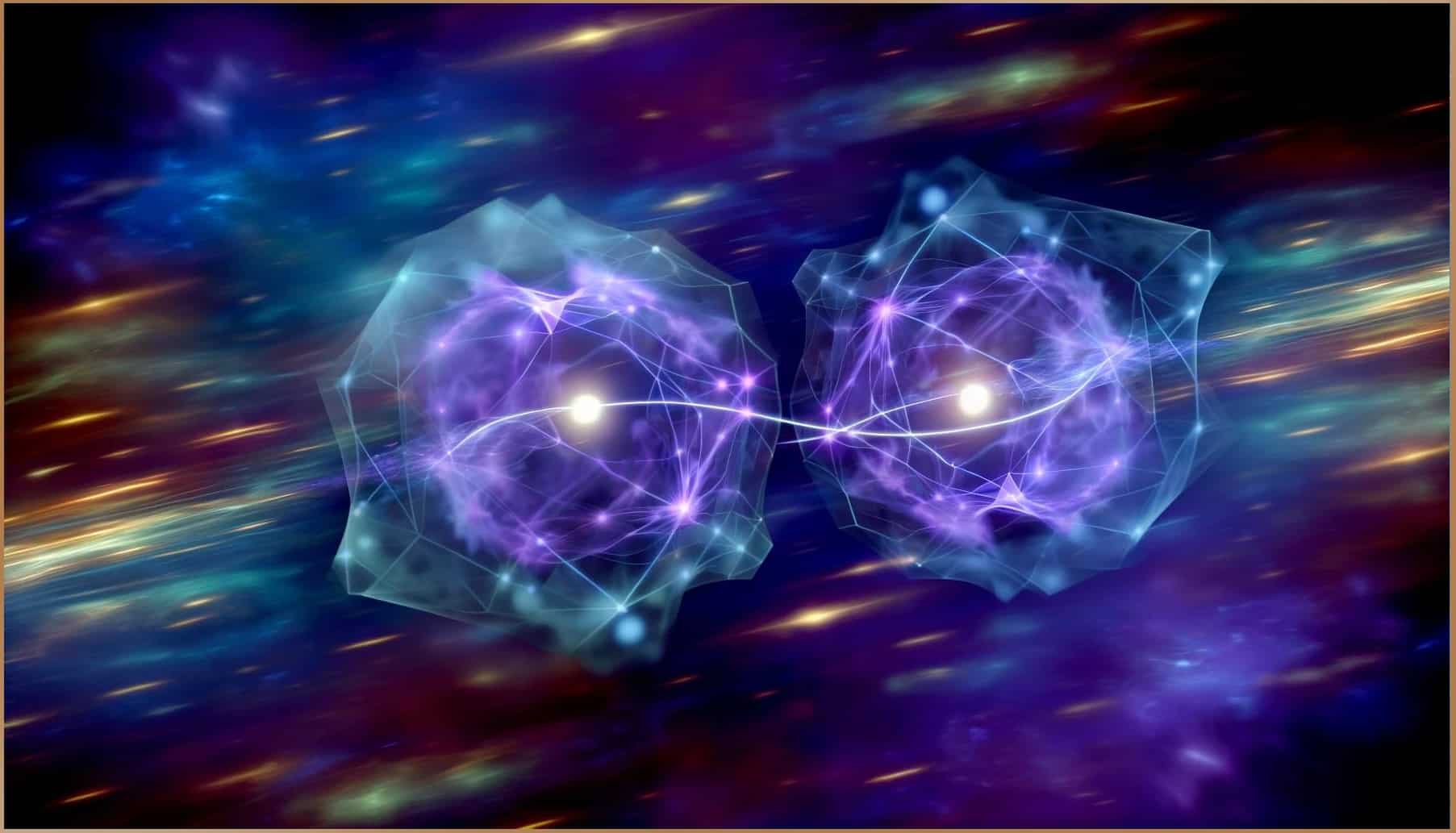 Digital art depiction of quantum entanglement with intertwined geometric shapes amidst a dynamic, colorful cosmic background.