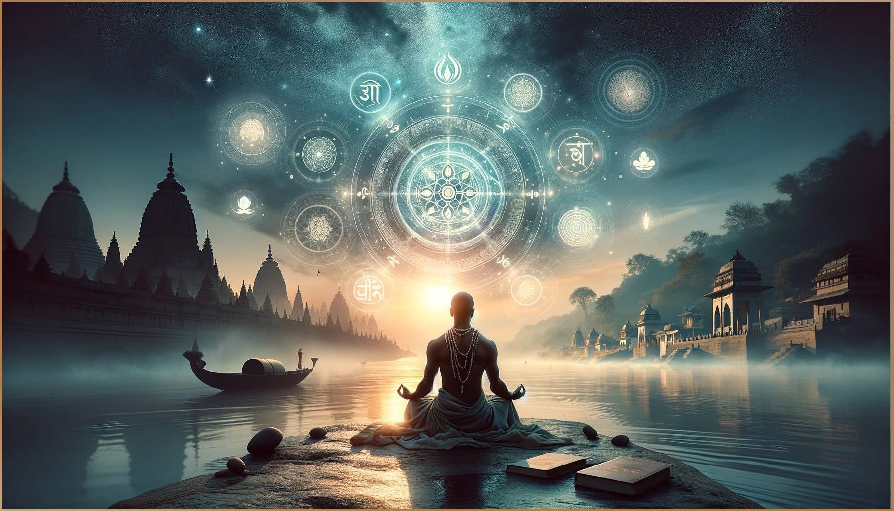 A serene meditator sits by a river with symbolic cosmic diagrams, embodying the concept of 'Divya Drishti' or 'divine vision' in the context of remote viewing within Hindu and Buddhist philosophies.