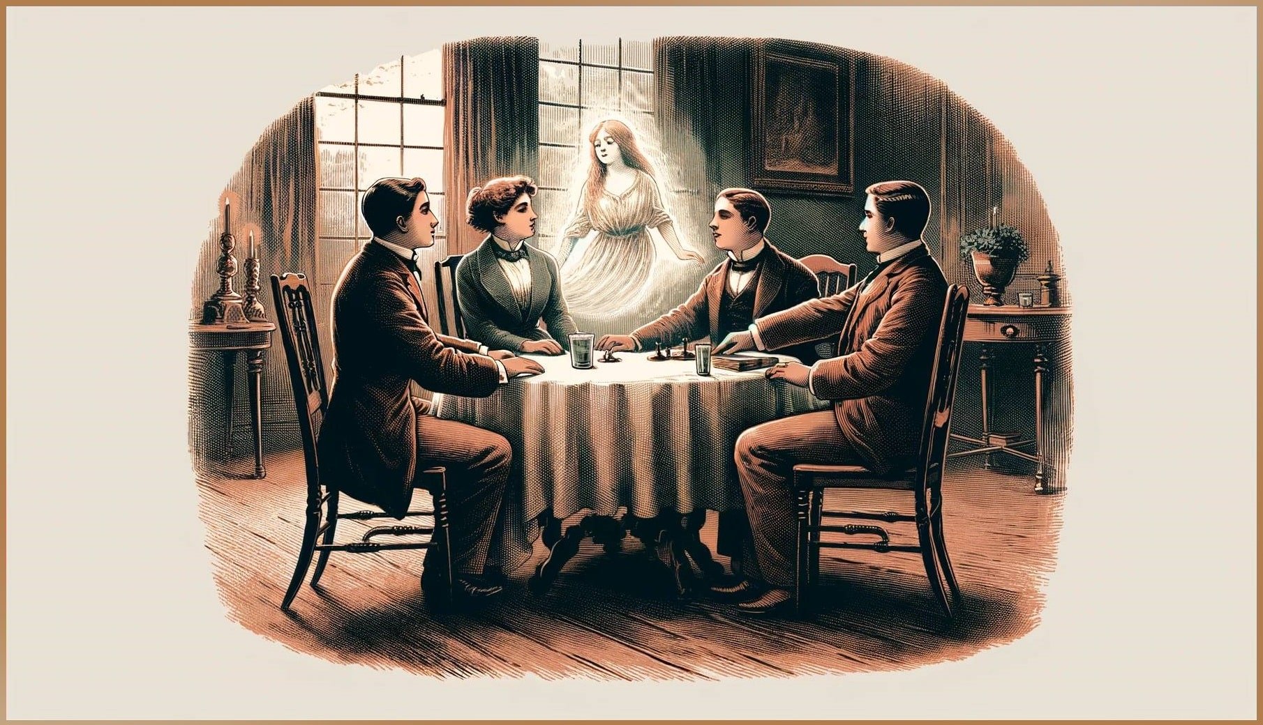 An old-fashioned, colored engraving of a 19th-century séance with four individuals around a table, eyes fixed on a luminous apparition of a woman, symbolizing communication with the spirit realm.