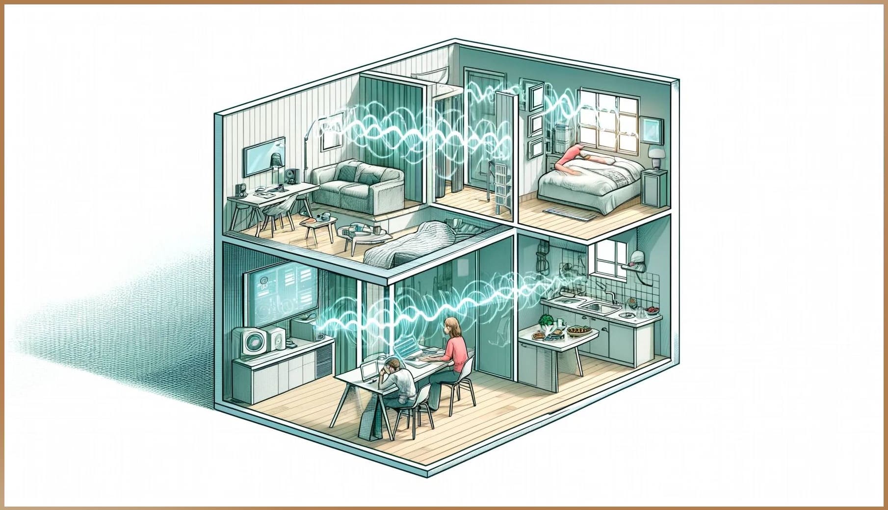 Cross-section view of a home showing visible electromagnetic waves from electronic devices around individuals engaged in daily activities, representing the constant presence of electrosmog.