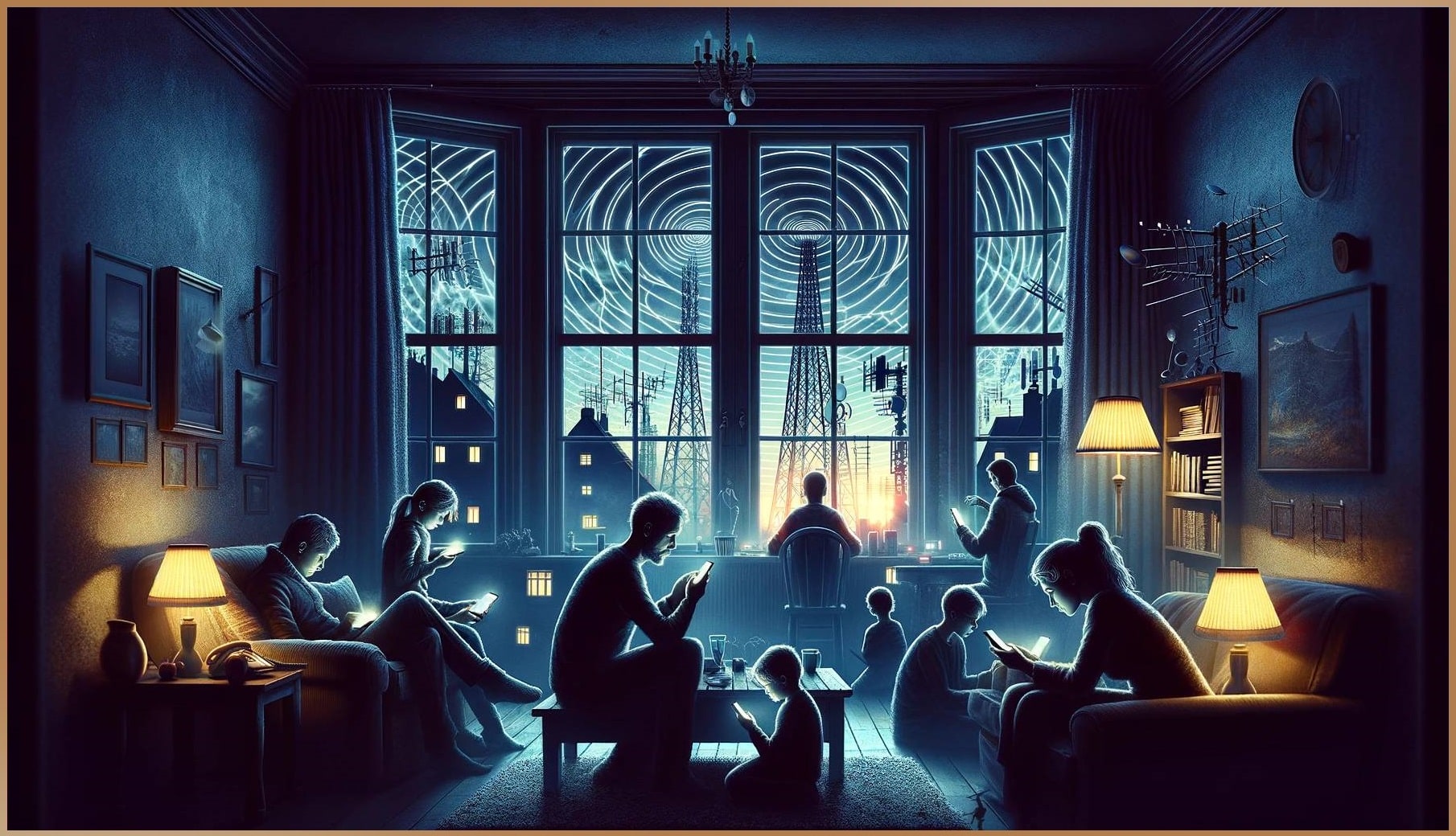 Family in living room illuminated by electronic devices, with a cityscape of antennas and electromagnetic waves outside, depicting the impact of electrosmog.