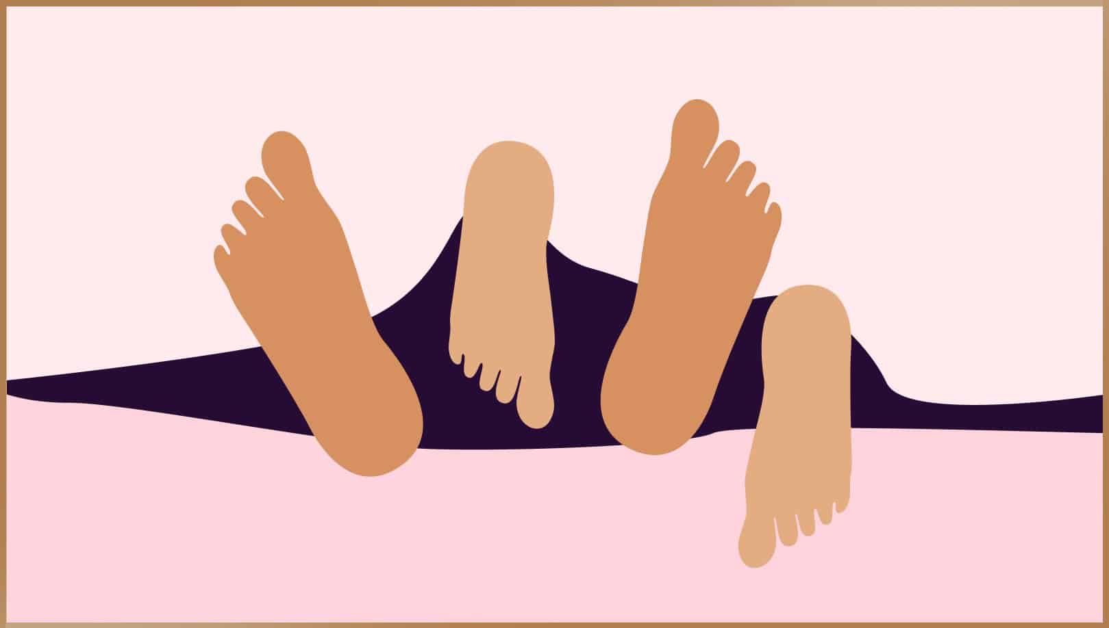 Illustration of two pairs of feet peeking out from under a blanket, symbolizing intimacy and the personal nature of sexual wellness