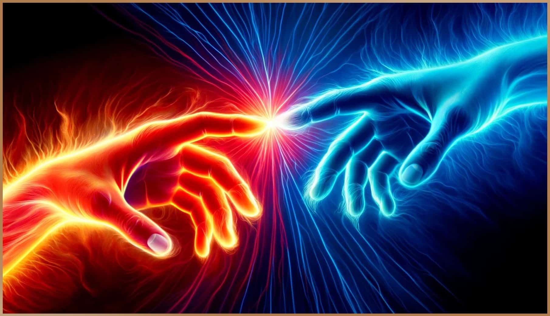 Abstract representation of vibrant energy transfer between two hands with electric blue and fiery orange colors symbolizing dynamic human interaction.