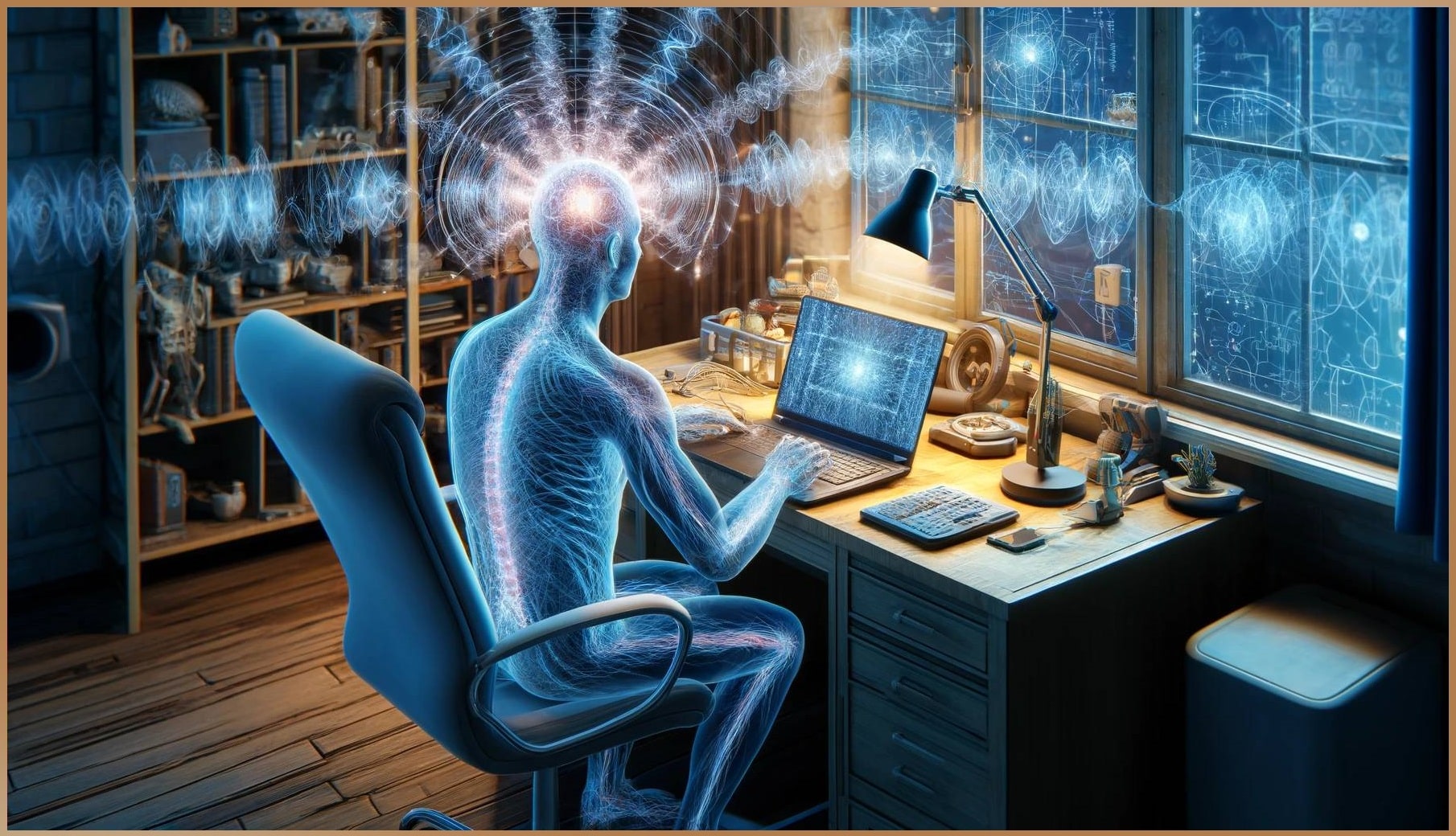 Person working at a desk with laptop and smartphone, highlighted by visible electromagnetic waves illustrating the impact of electrosmog on human biology.