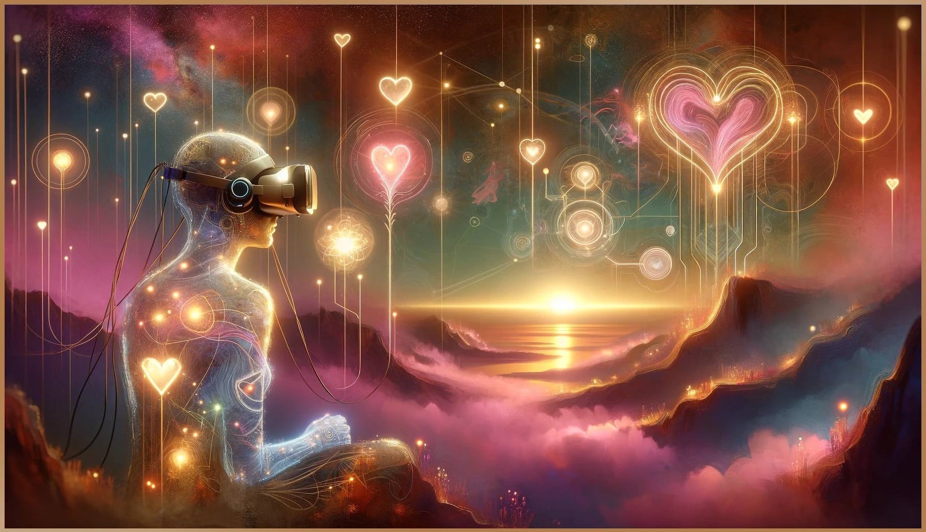 An individual exploring sexual wellness in a romantic, virtual reality environment, highlighted by ethereal landscapes and symbols of love and connection.