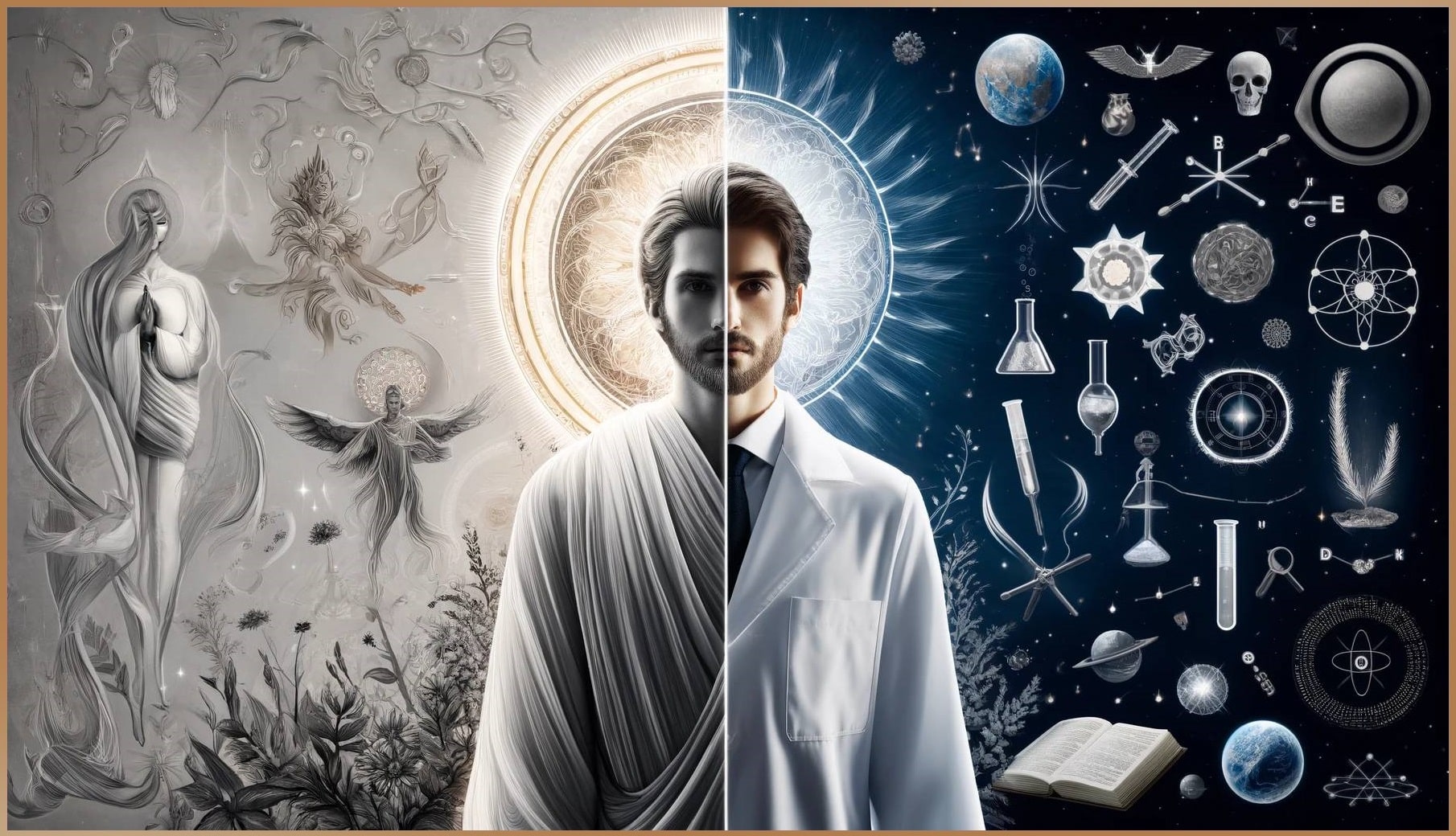 Digital artwork split into two parts; on the left, a grayscale illustration of angelic figures and ethereal energy flows in a nature setting, symbolizing spirituality. On the right, a man in a lab coat representing science stands against a backdrop of cosmic and scientific symbols, from atoms to planets.