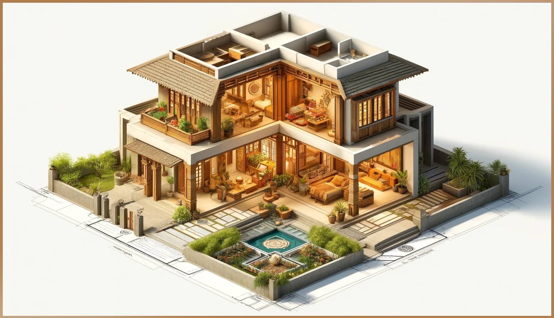 Traditional Indian home plan adhering to Vastu Shastra principles, integrating natural elements into a serene and balanced living space.