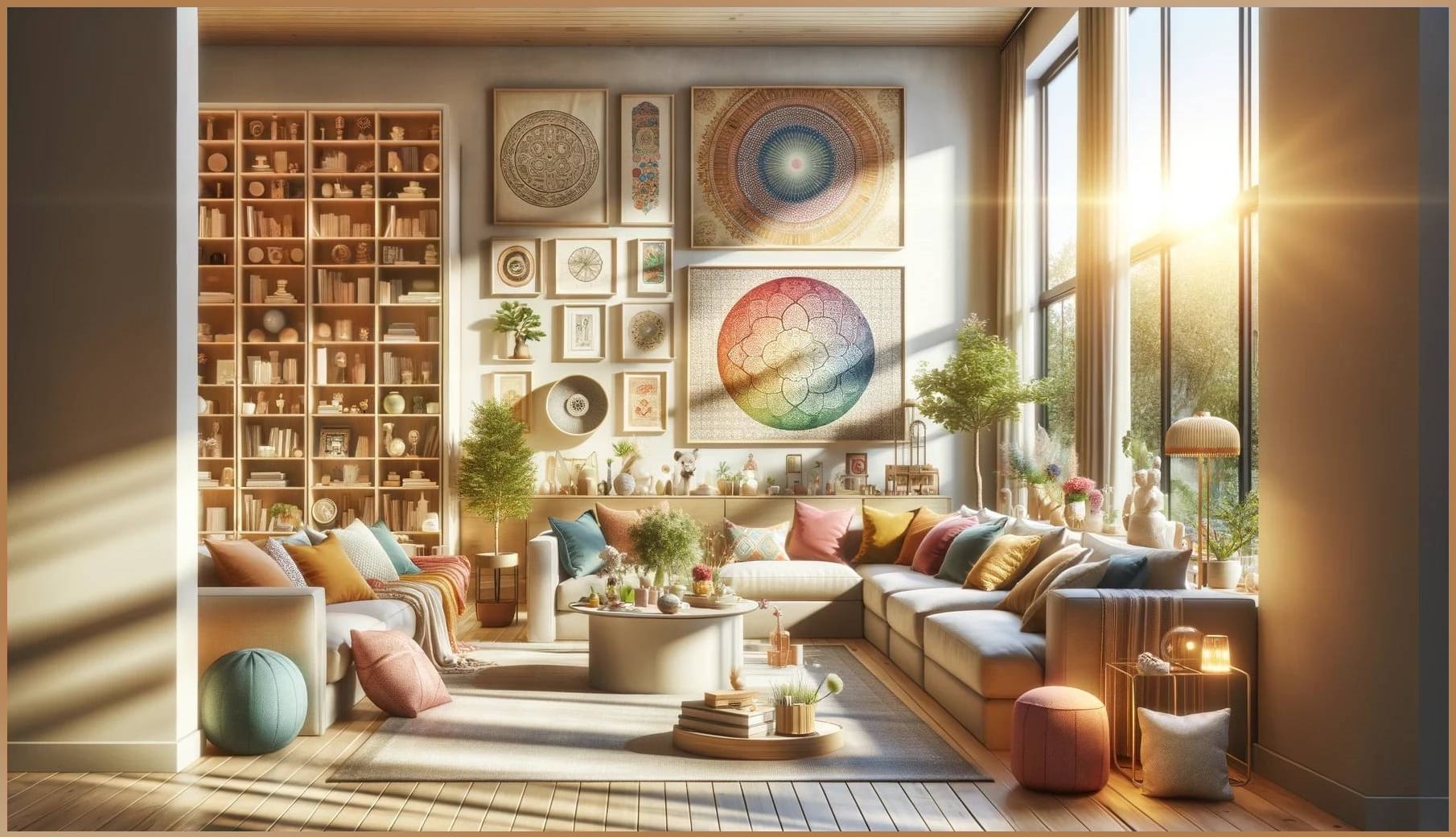 Cozy, sunlit living room designed with Feng Shui principles to bring positive energy into the home, featuring comfortable seating and a variety of personal decor.