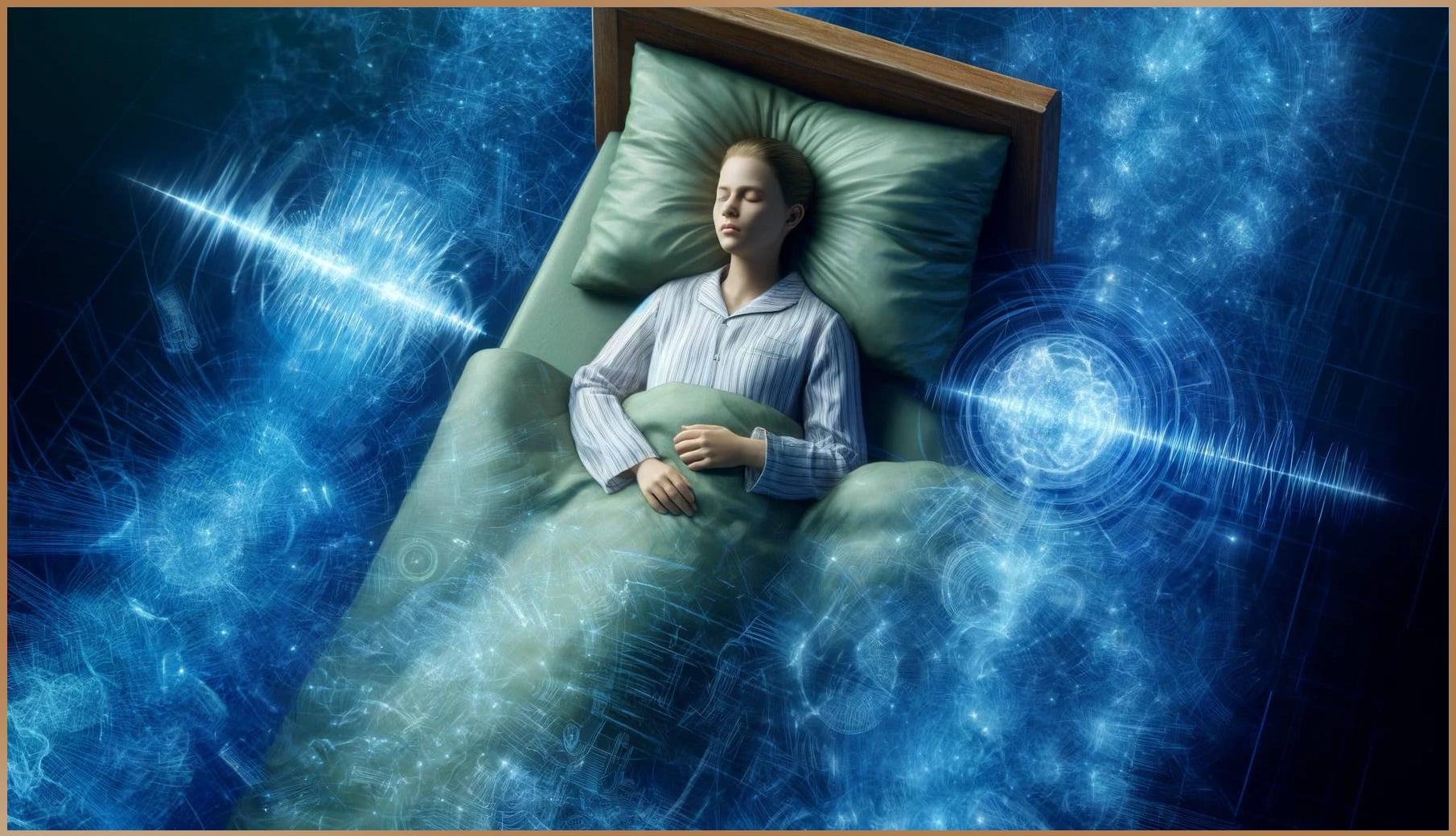 Woman sleeping uneasily in bed surrounded by visible waves of electromagnetic pollution, illustrating the negative impact of electrosmog on human health.