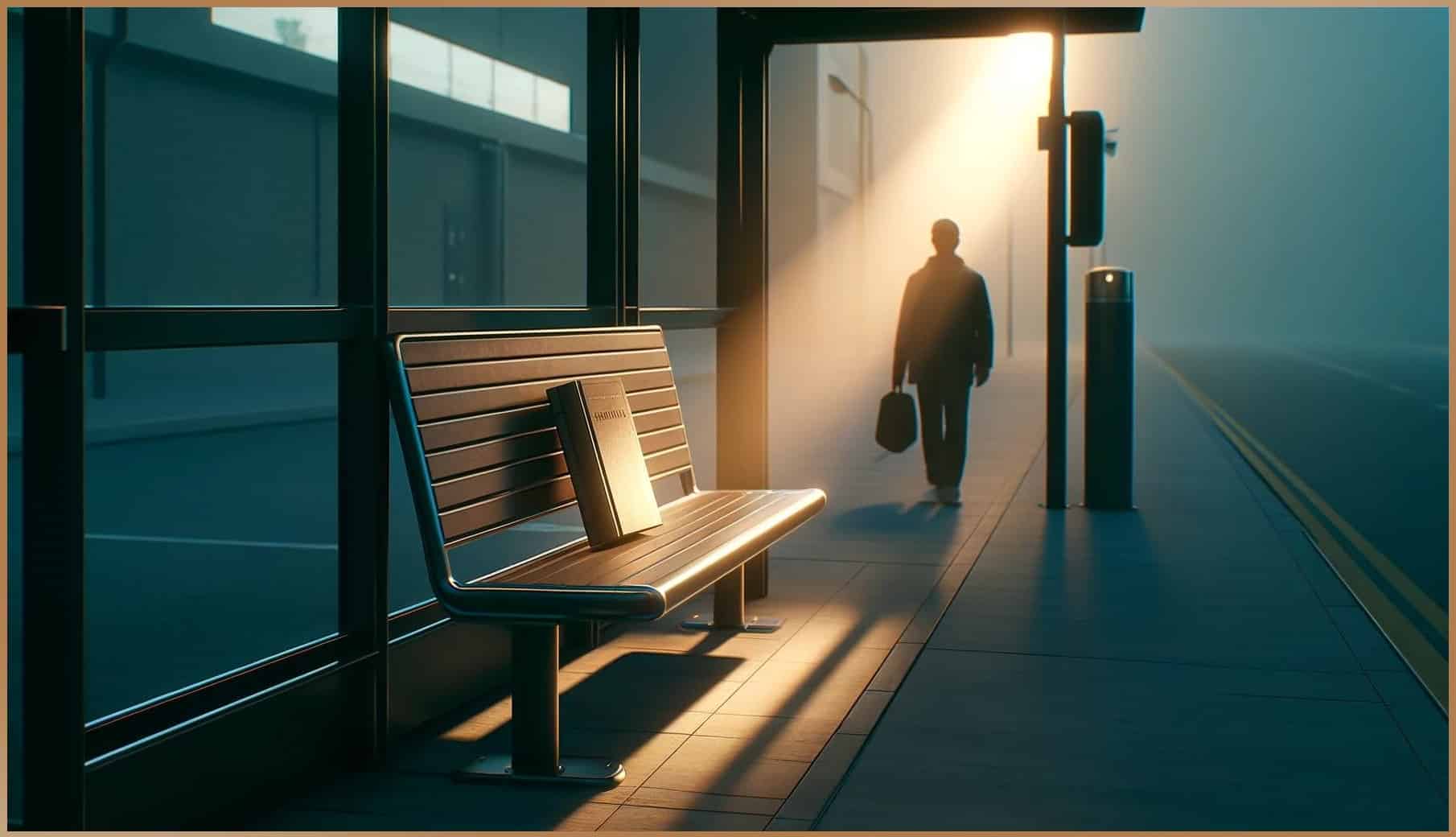 An image of an early evening bus stop scene, highlighting a single book on a bench bathed in a soft, natural glow, symbolizing a serendipitous discovery and the concept of synchronicity.