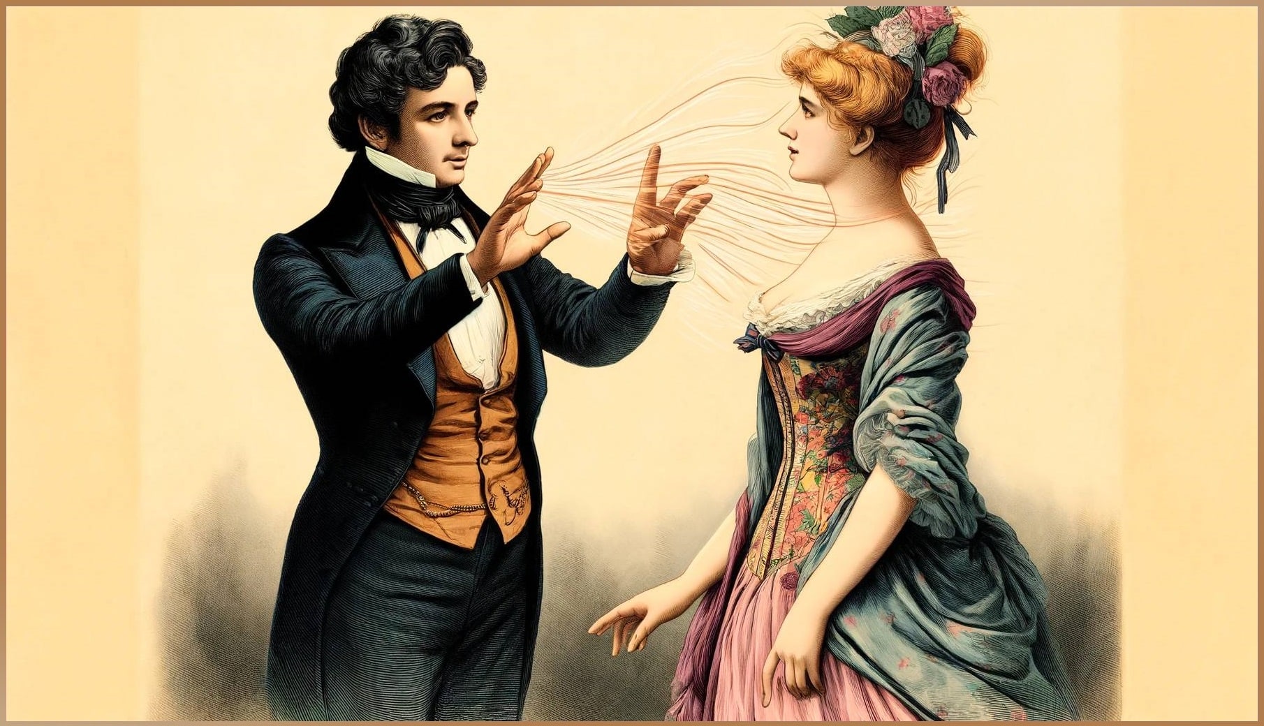 Vintage illustration depicting Franz Anton Mesmer performing magnetic treatment on a woman; they stand facing each other with streams of energy illustrated between their outstretched hands, reflecting the concept of 'fluidum'.