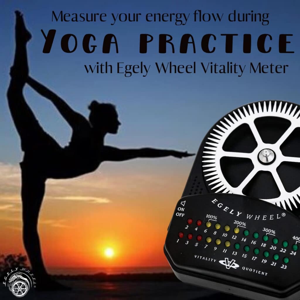 Silhouette of a yogi in an advanced yoga pose at sunset with the Egely Wheel Vitality Meter in the foreground.