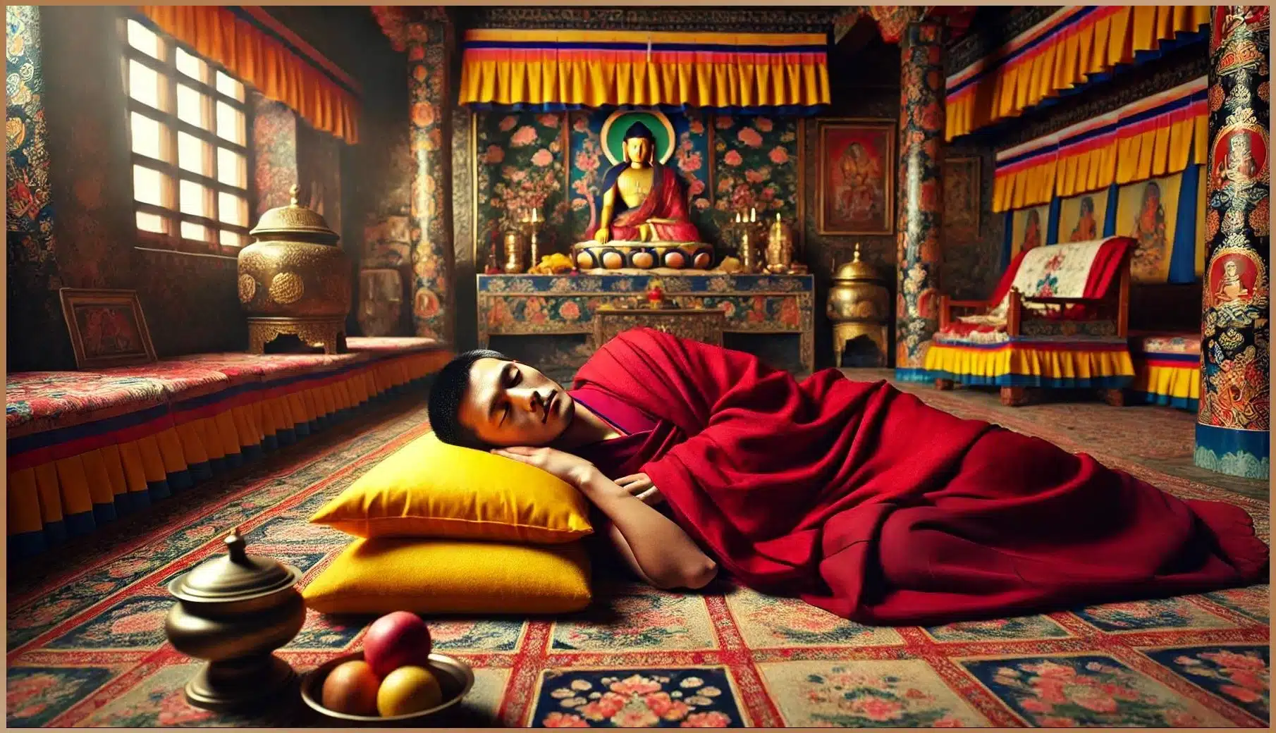 Tibetan Buddhist monk practicing Dream Yoga, lying on a cushion in a richly decorated temple room.