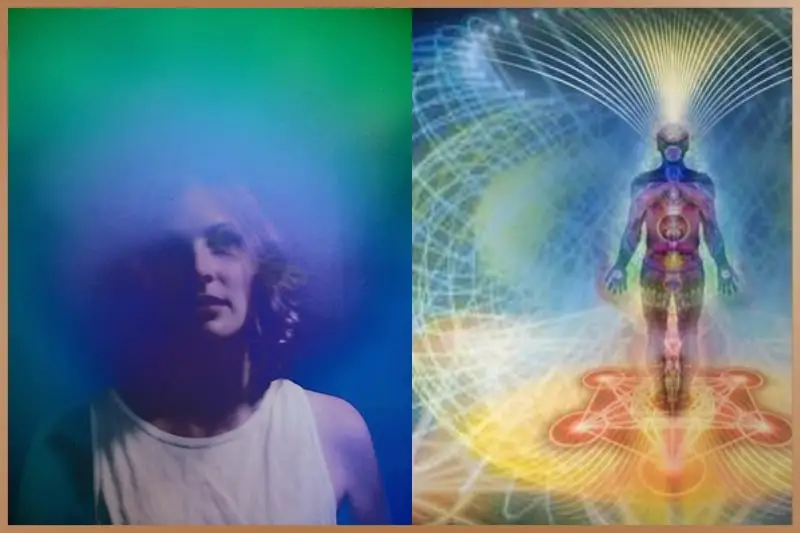Dual depiction of human aura; one side shows a young man with a blurred, colorful aura, the other an artistic representation of a vibrant, multi-colored human energy field.