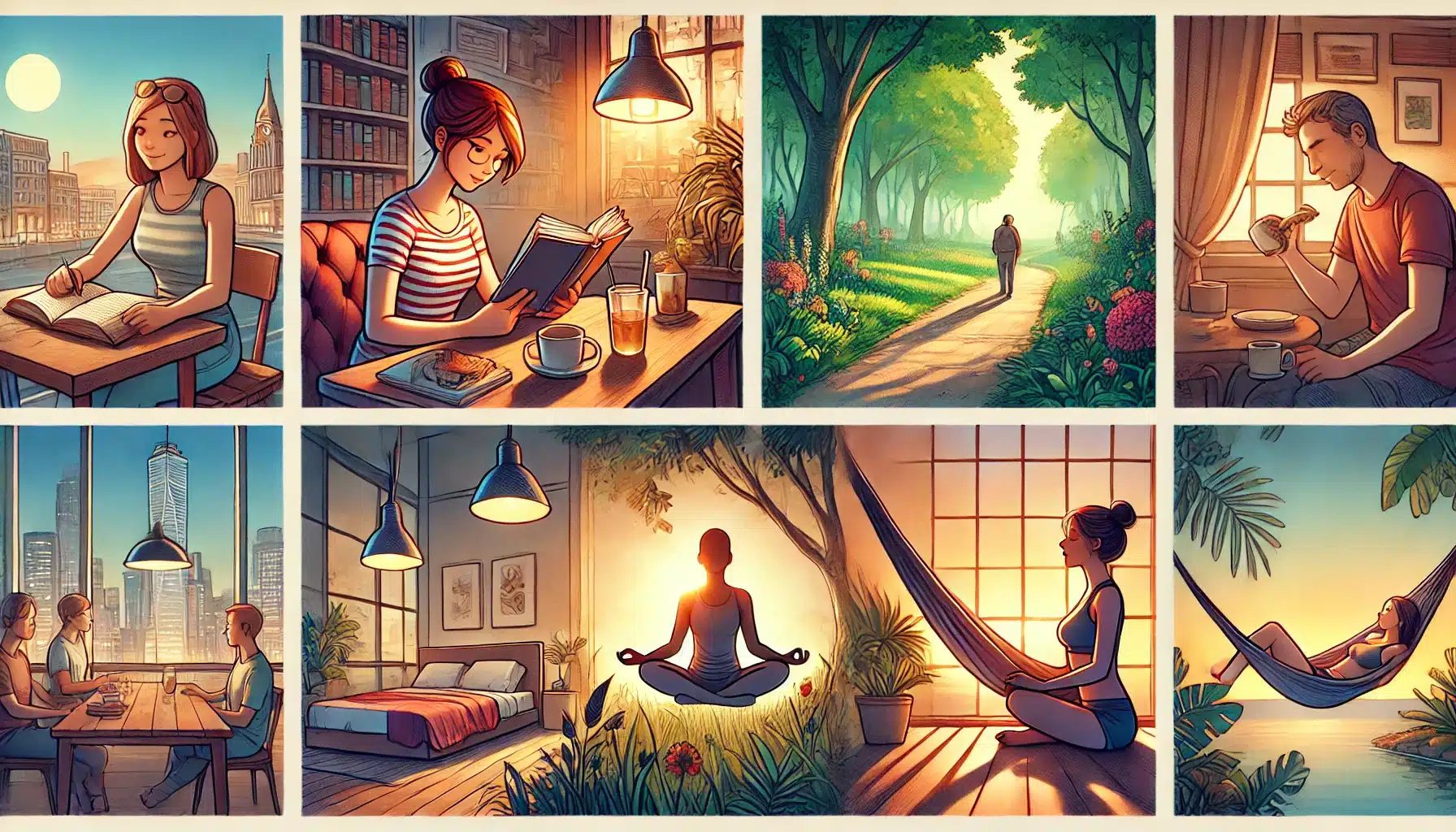 Illustrated montage of five restful activities including reading in a café, meditating in a park, walking on a beach, napping in a hammock, and stretching in a yoga studio, emphasizing the importance of daily rest.