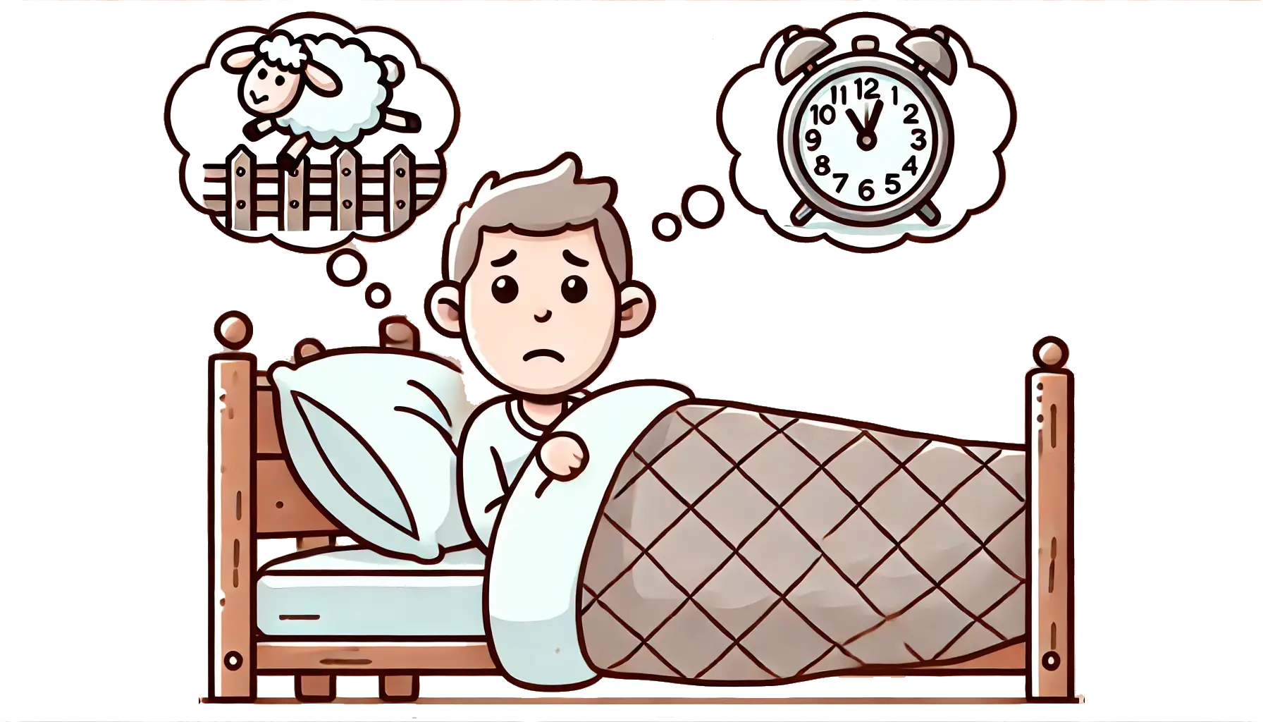 Illustration of an adult lying in bed looking worried, surrounded by thought bubbles featuring a sheep jumping over a fence and a clock showing different times, representing concerns about sleep patterns.