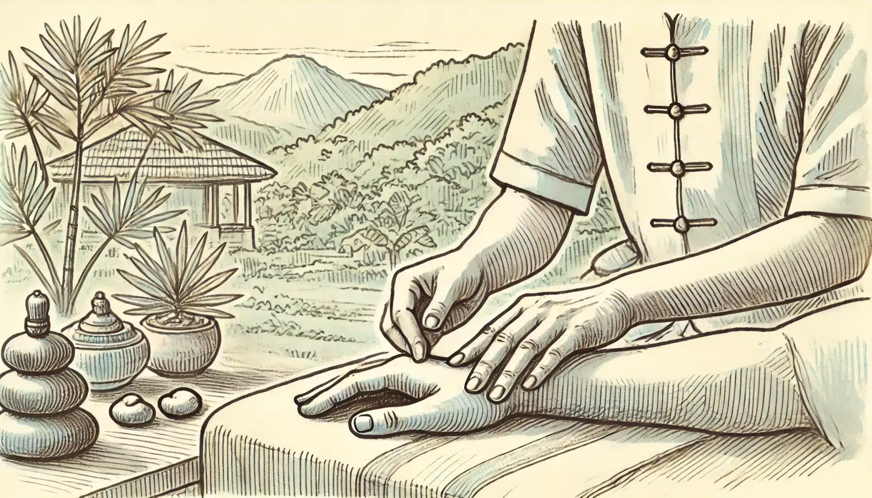 Hand-drawn illustration of acupressure therapy, showing hands applying pressure to specific points on another person's hand in a calm, serene setting