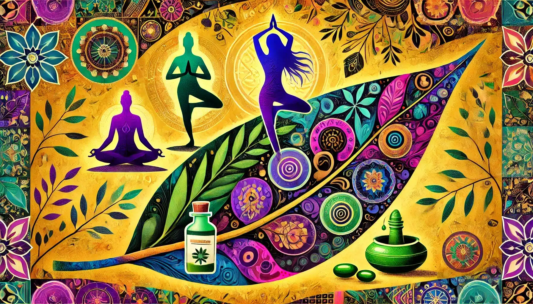 A vibrant, artistic depiction of three silhouetted figures in yoga poses, set against a golden yellow background with ornate, traditional Indian patterns and various Ayurvedic elements like green leaves and a small bottle of oil.