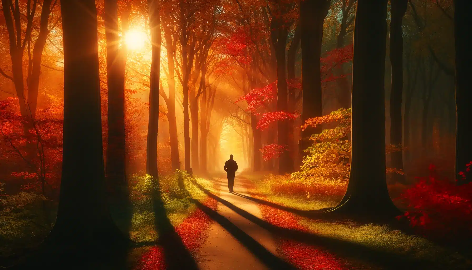 A peaceful autumn scene of a person walking along a path through vibrant red, orange and yellow foliage, bathed in the soft glow of the setting sun, evokes mindfulness and connection with nature.