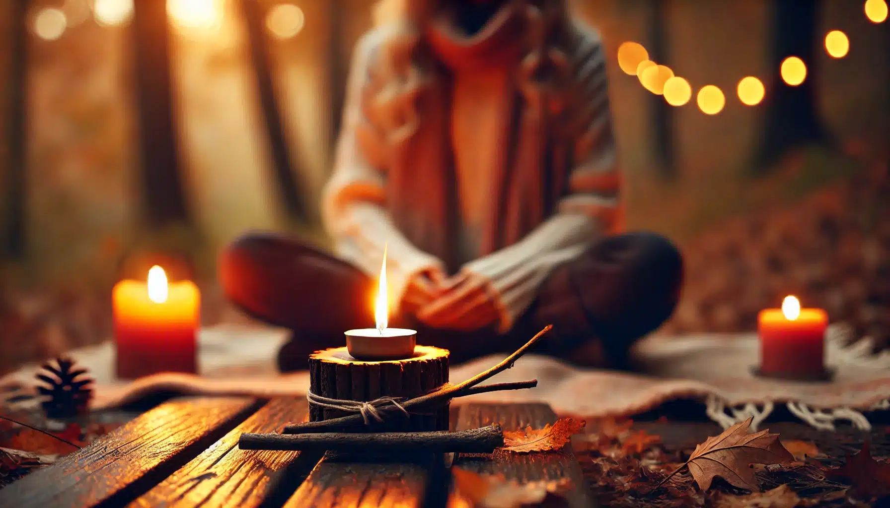 A peaceful autumn evening with a person meditating by candlelight, watching the flame dance in a serene, warm atmosphere, symbolizing spiritual transformation and inner peace.