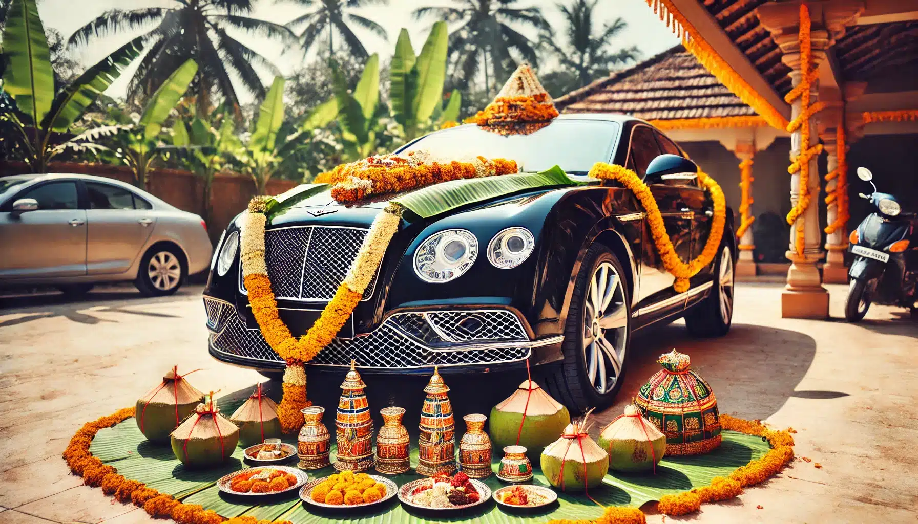 A black Bentley car decorated with banana leaves and flower garlands for an Indian Vahana Puja ceremony, with offerings of coconuts and sweets placed in front of it.