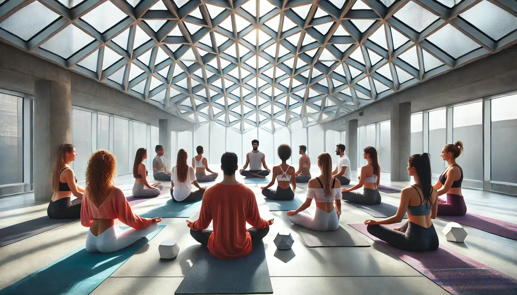 A small group of eight people practicing Kundalini Yoga in a modern studio with a geometric glass ceiling, all facing a central instructor.