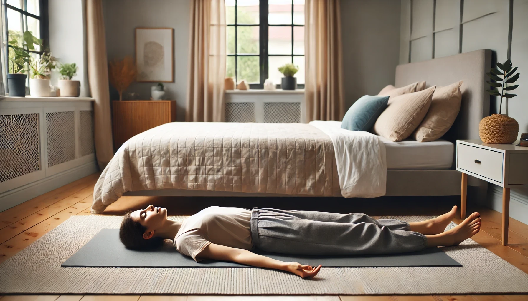 A woman lying in the savasana pose, also known as the corpse pose, on a yoga mat in a peaceful, minimalist room with soft lighting and cozy decor.