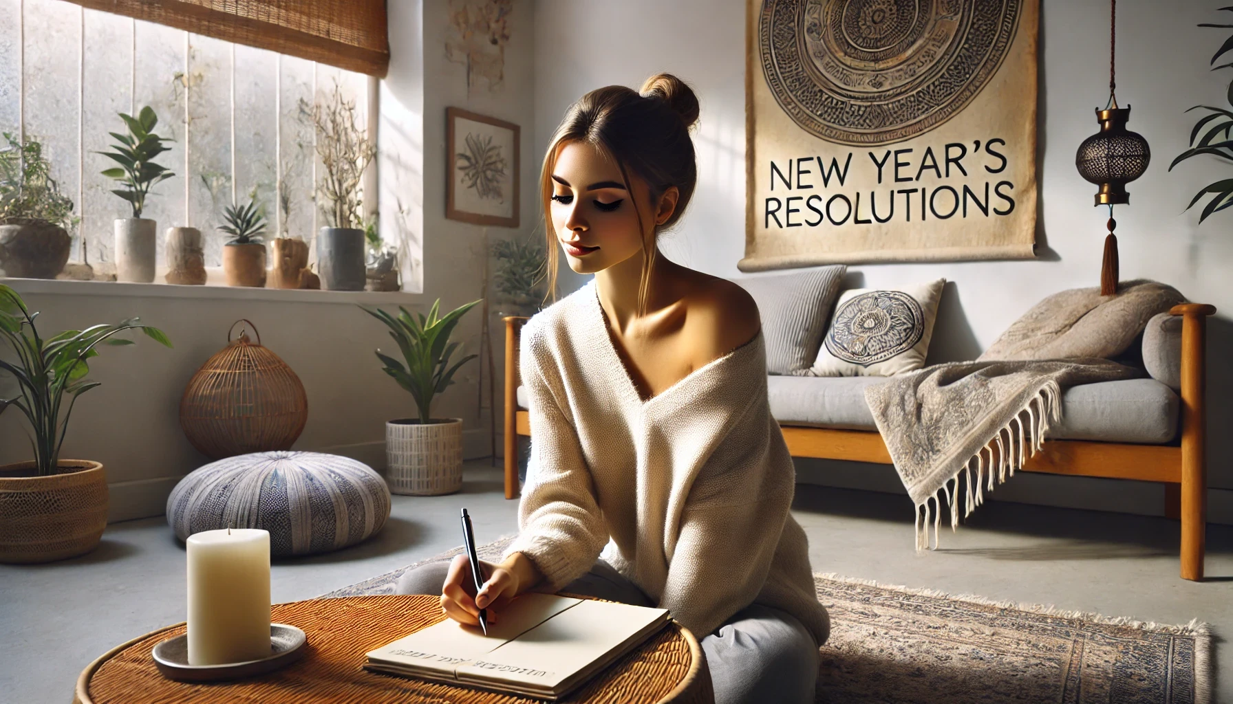 A serene woman writing New Year's resolutions in a cozy, minimalist living room with natural light, surrounded by plants and soft decor.