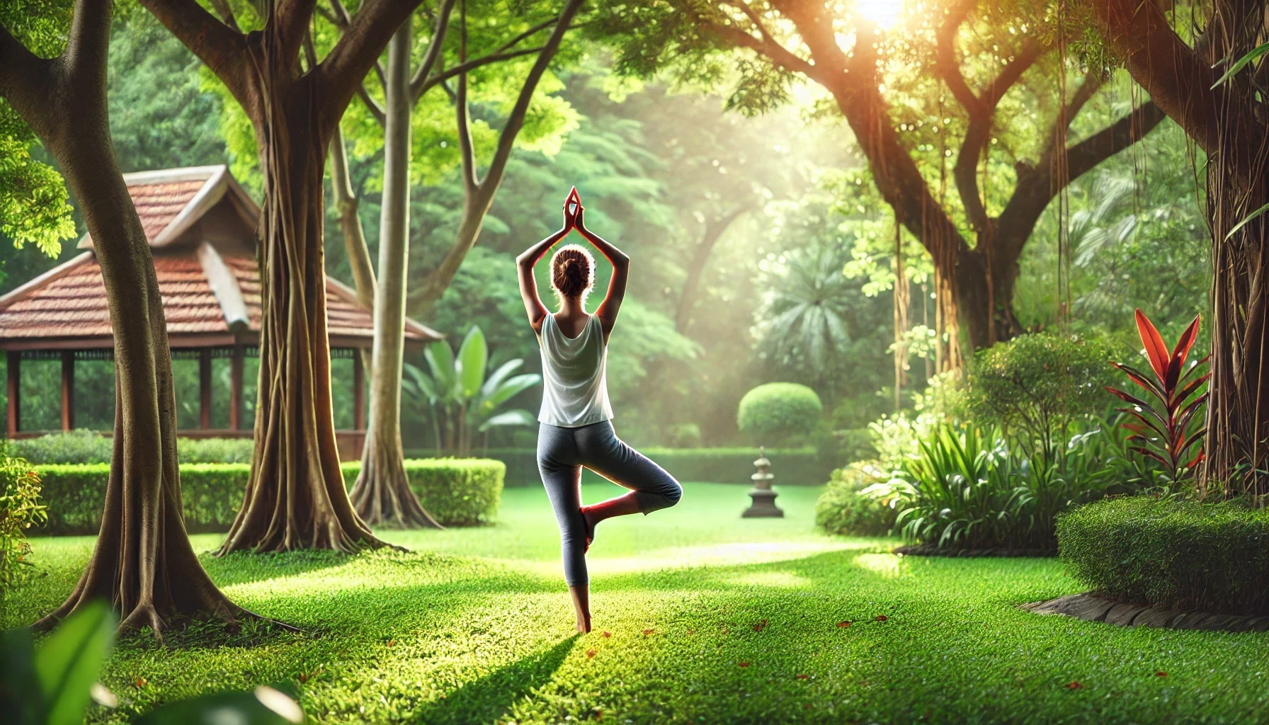 A woman practicing grounding in a serene park, standing barefoot on lush green grass in a yoga tree pose, surrounded by sunlight and vibrant greenery.