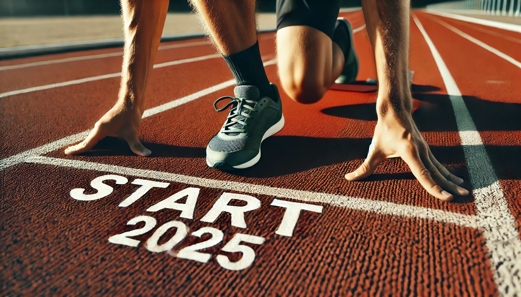 Close-up of an athlete at the starting line on a track with "START 2025" written on the ground, symbolizing the motivation to start the New Year's resolutions with determination.